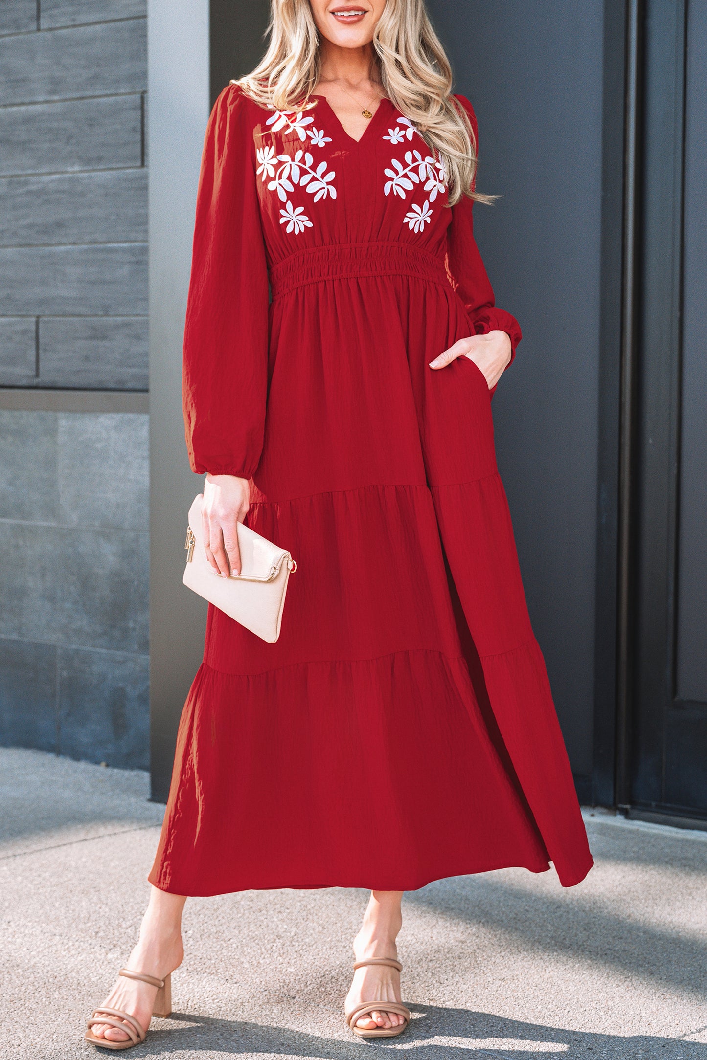 Racing Red Embroidered Detail Maxi Dress