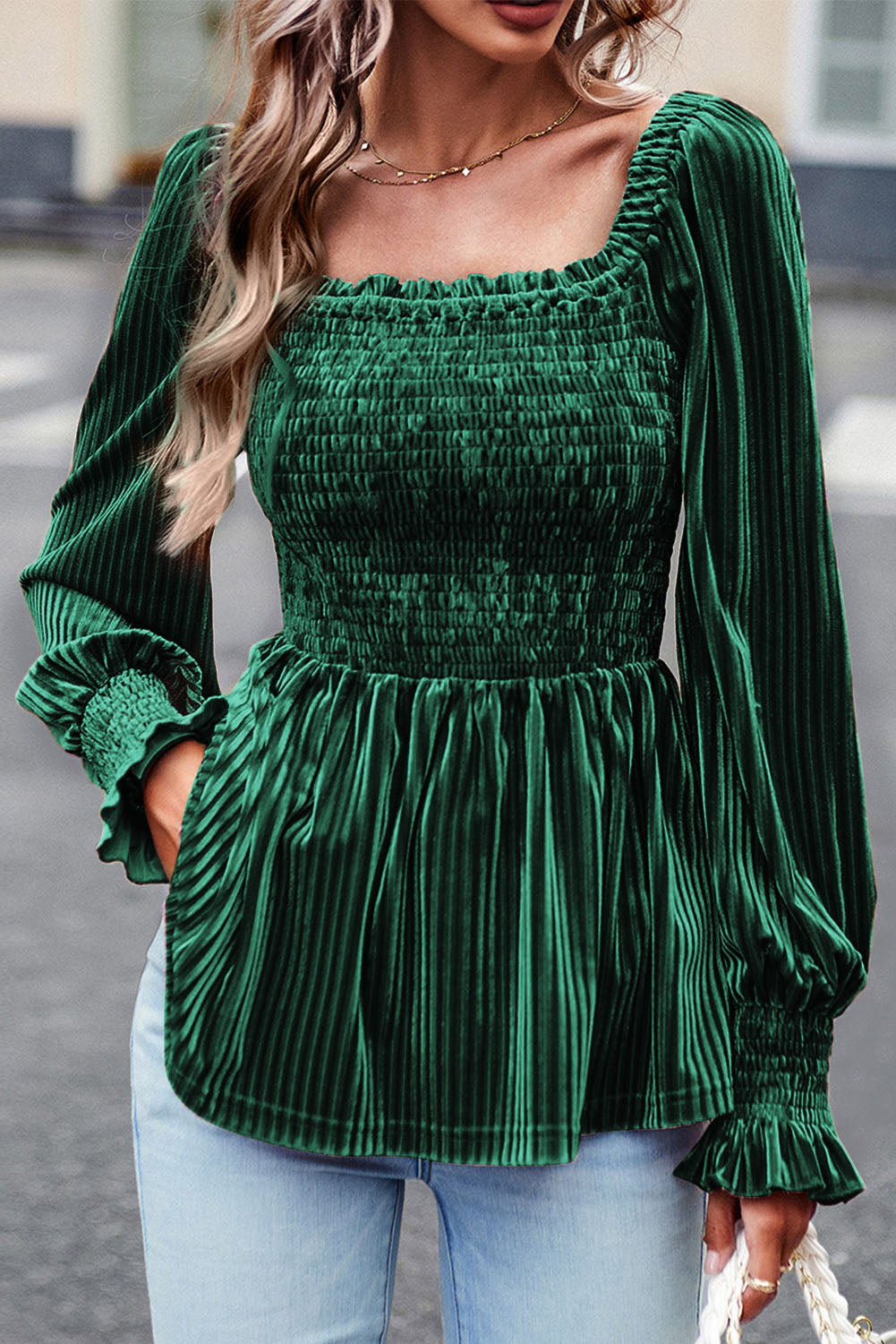 Green Smocked Babydoll Top