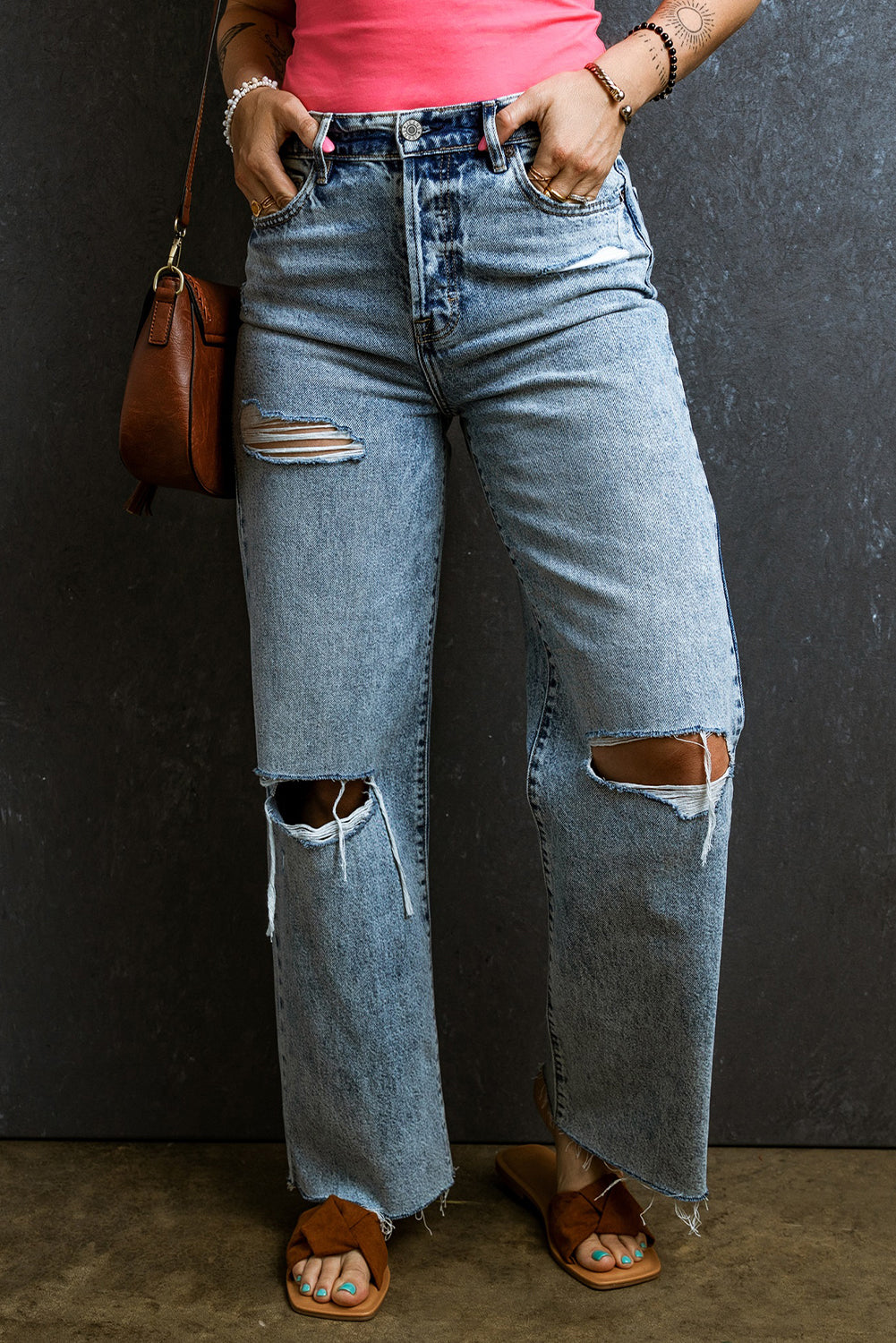 Light Wash Raw Hem Straight Jeans