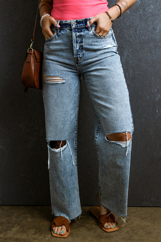 Light Wash Raw Hem Straight Jeans