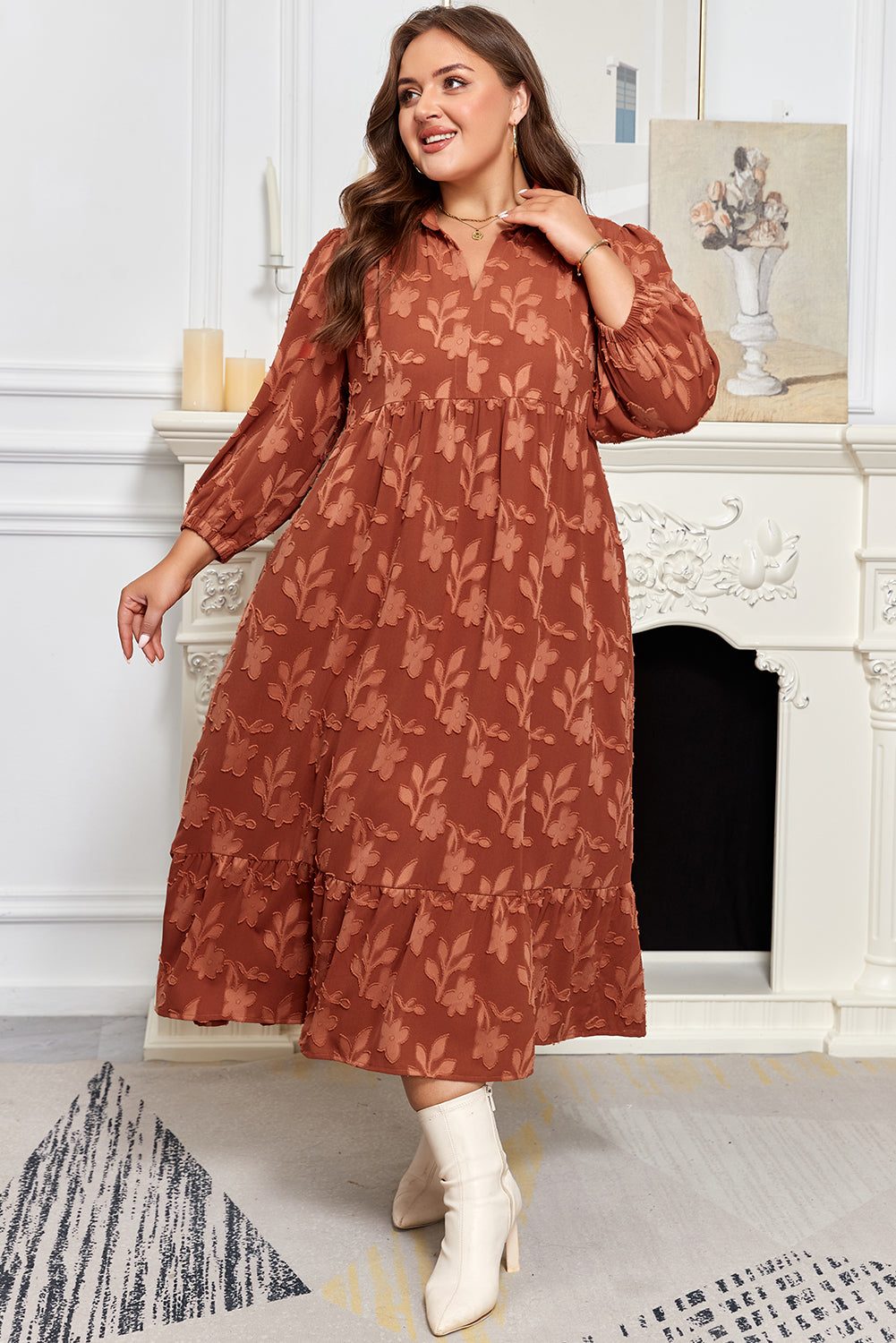 Cinnamon Flower Pattern Ruffle Hem Plus Size Dress