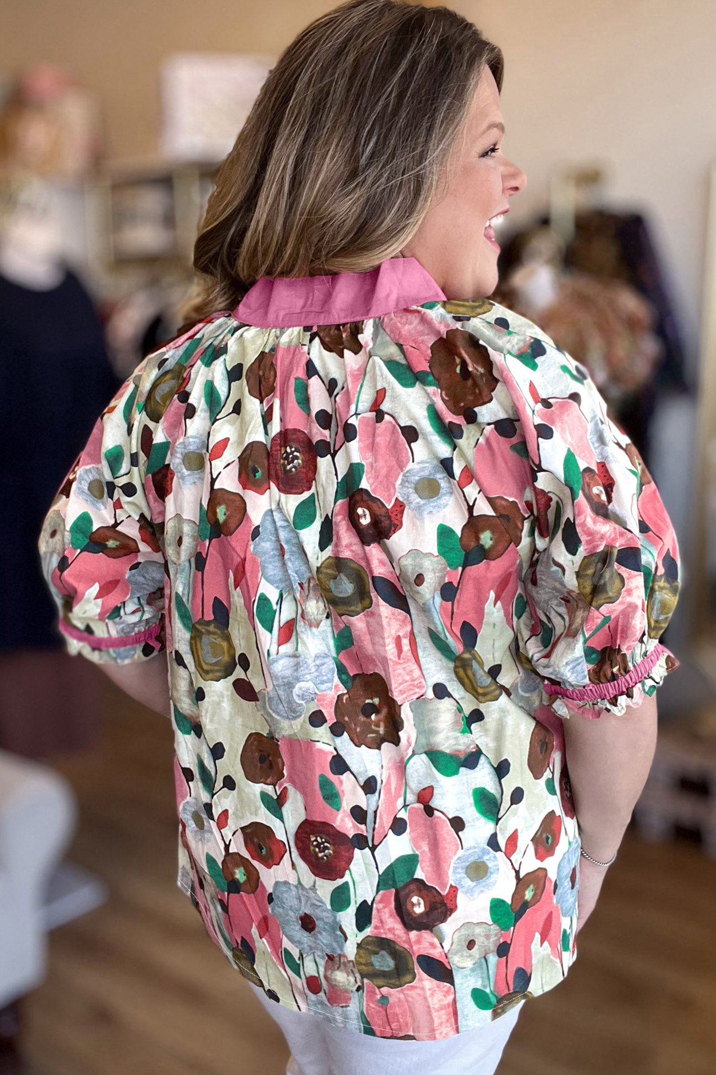 Puff Sleeve Floral Blouse in Plus Size