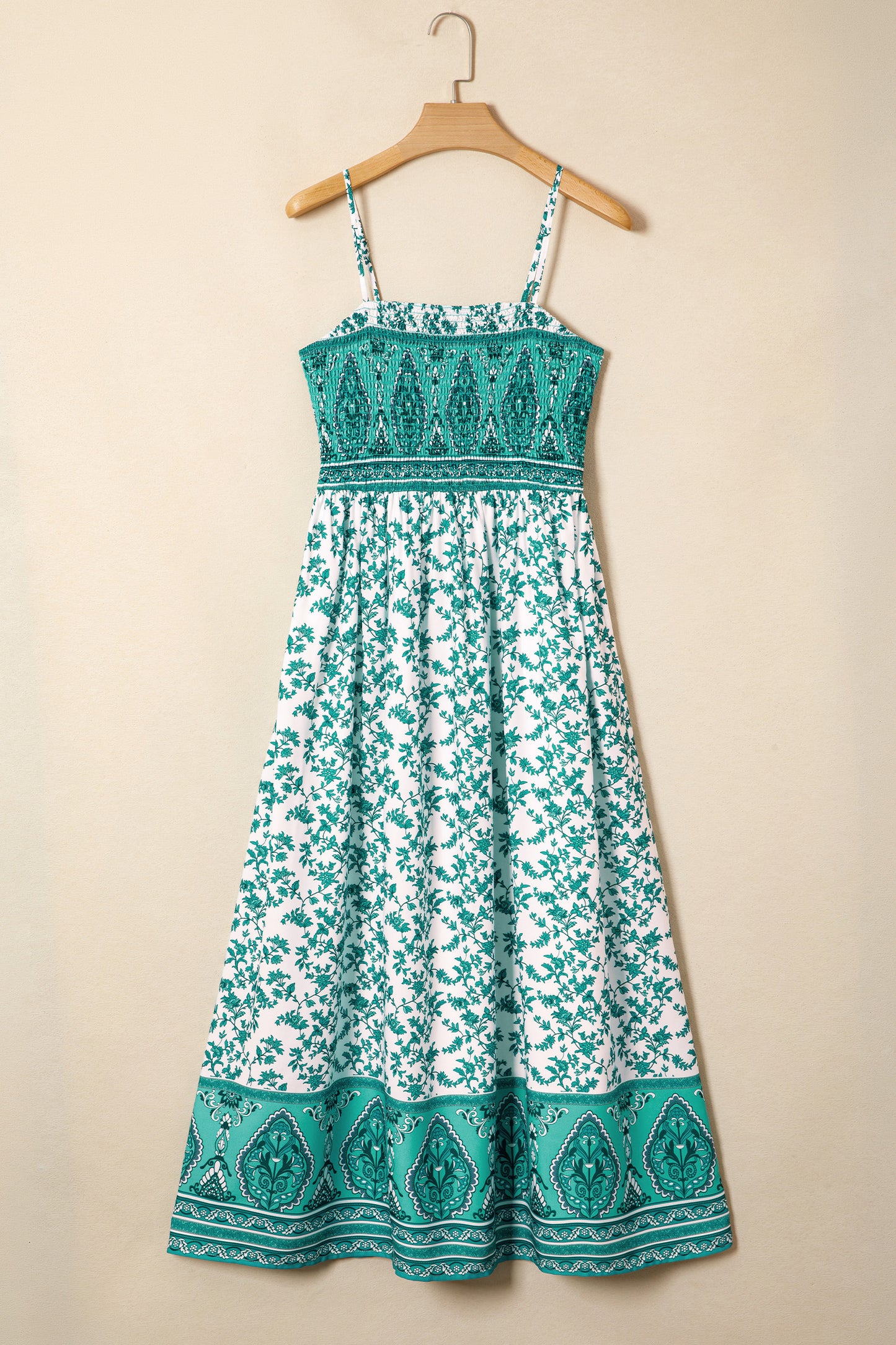 Green Floral Shirred Maxi Dress