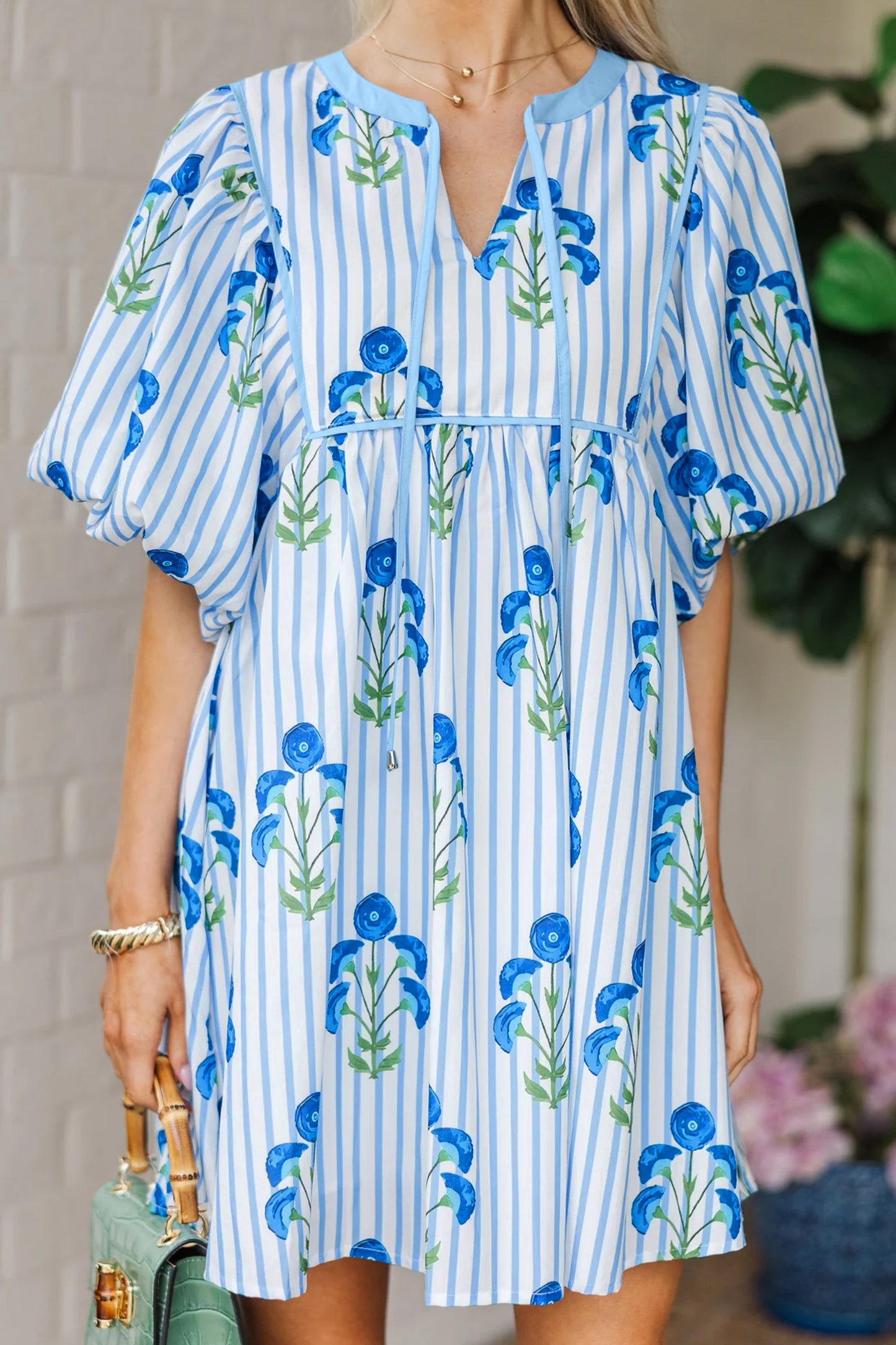 Striped Florals Puff Sleeve Mini Dress