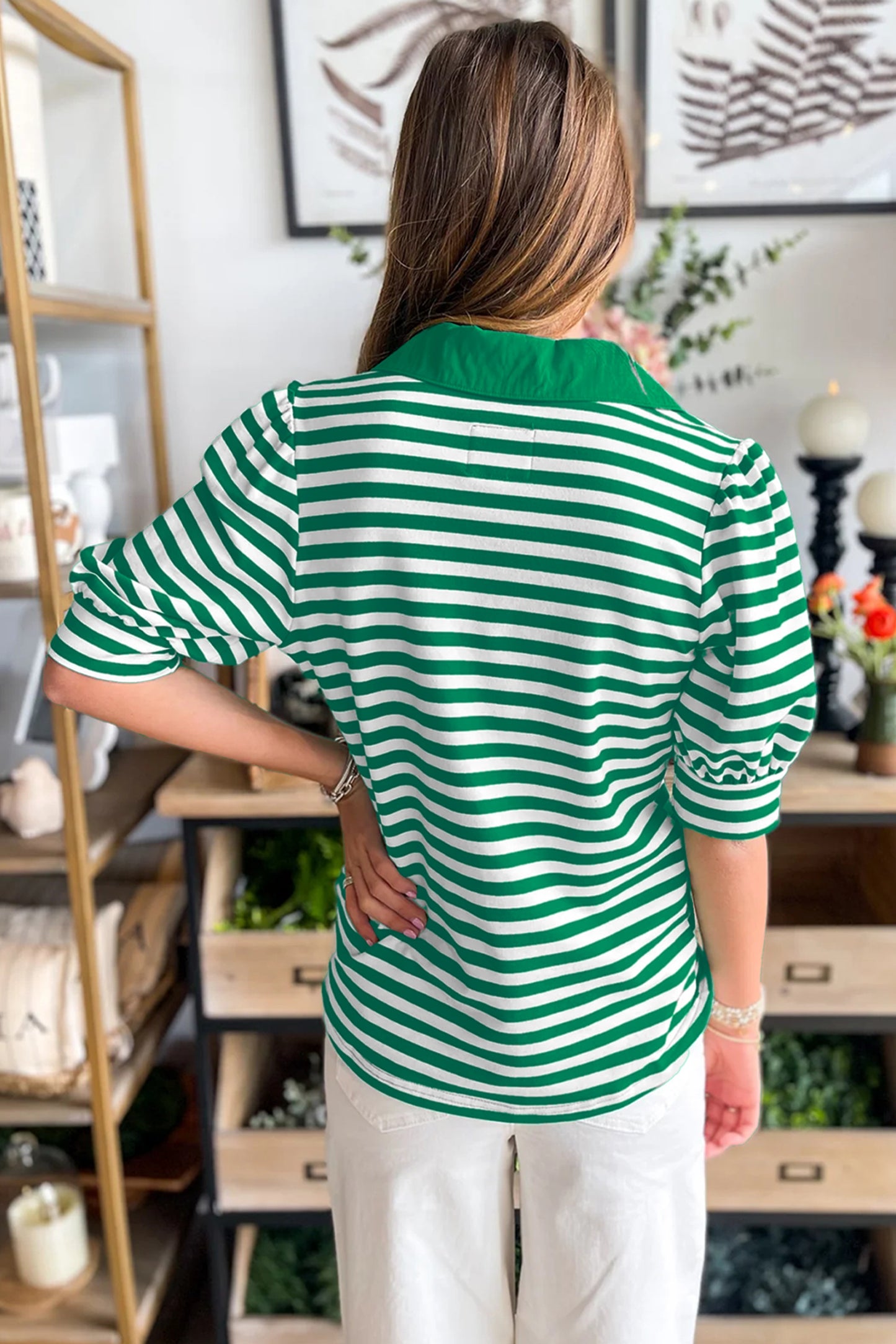 Green Striped Puff Sleeve Top
