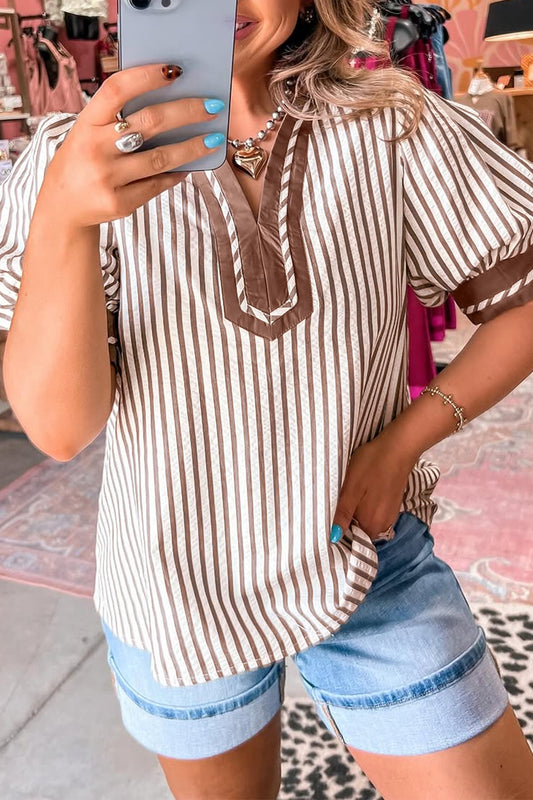 Khaki Striped Bubble Sleeve Blouse
