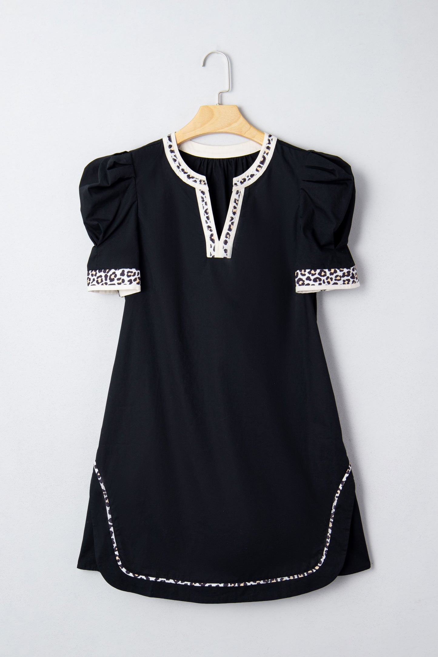 Black Leopard Trim Puff Sleeve Mini Dress