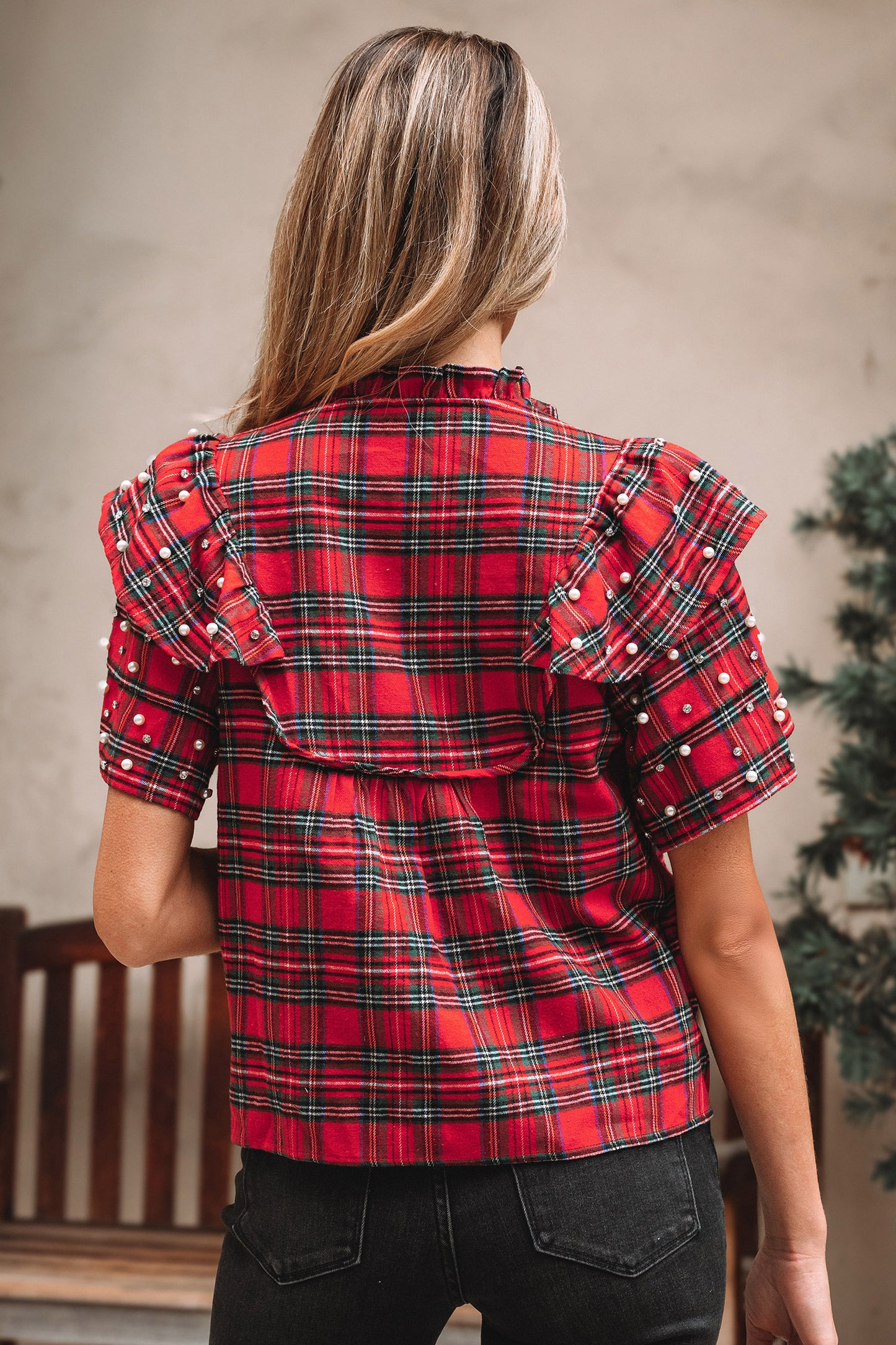 Festive Plaid Ruffle Sleeve Blouse