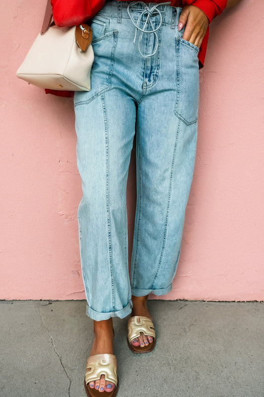 Exposed Stitch Denim Drawstring Barrel Jeans