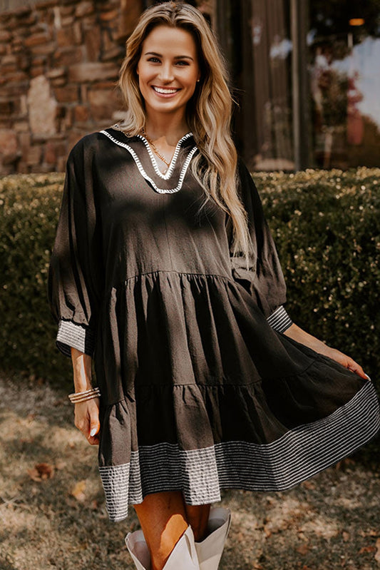 Black Contrast Stitched Tiered Mini Dress
