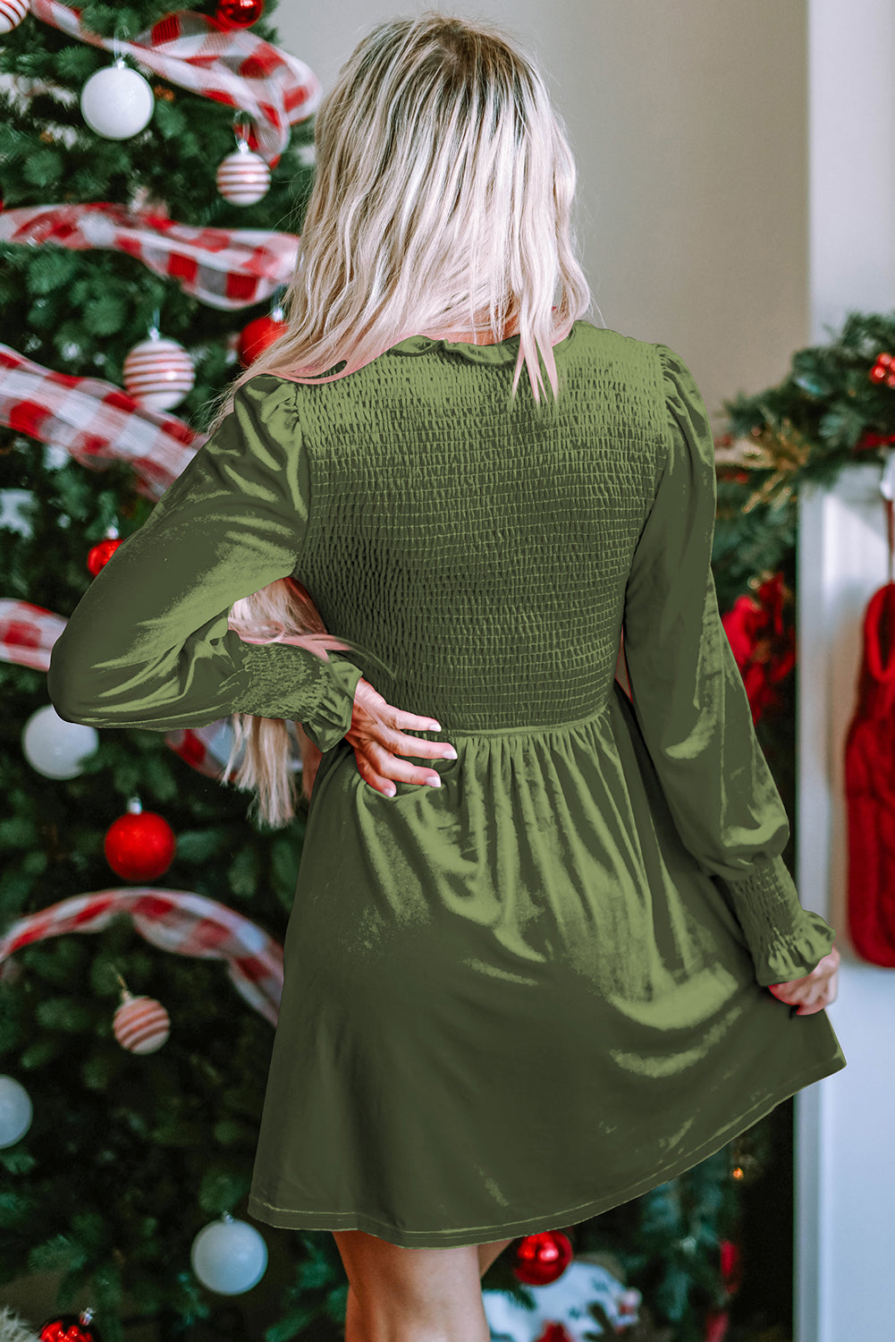 Moss Green Smocked Bodice Velvet Dress