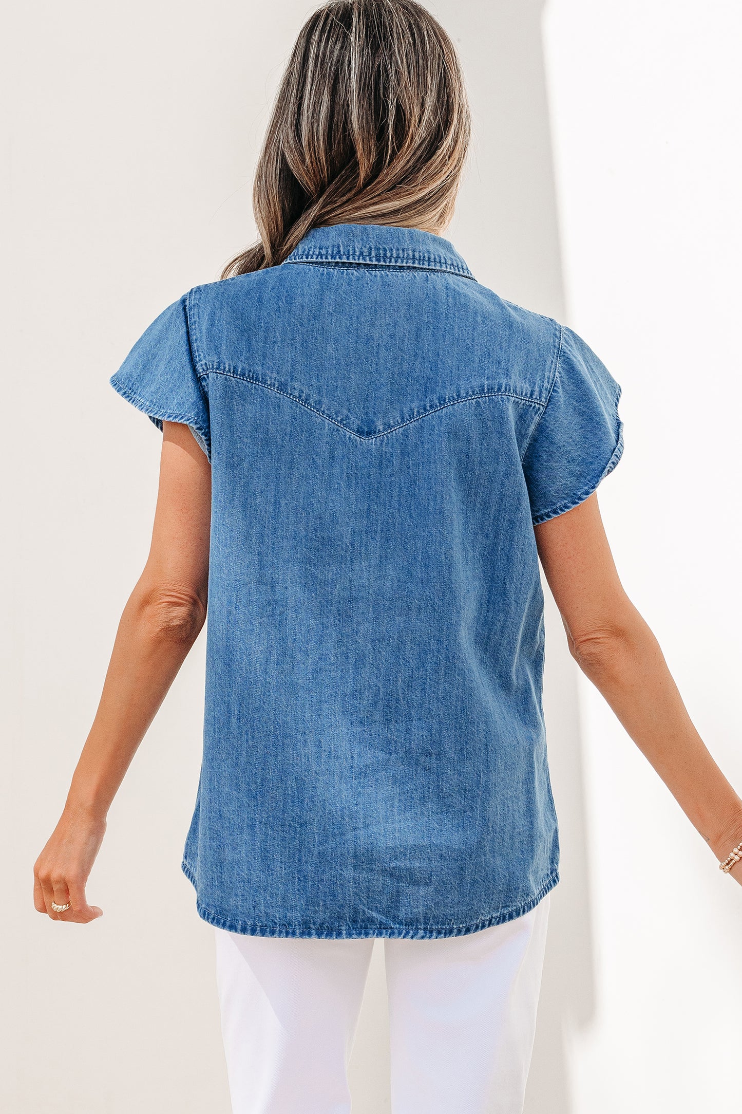 Ruffled Sleeve Denim Shirt