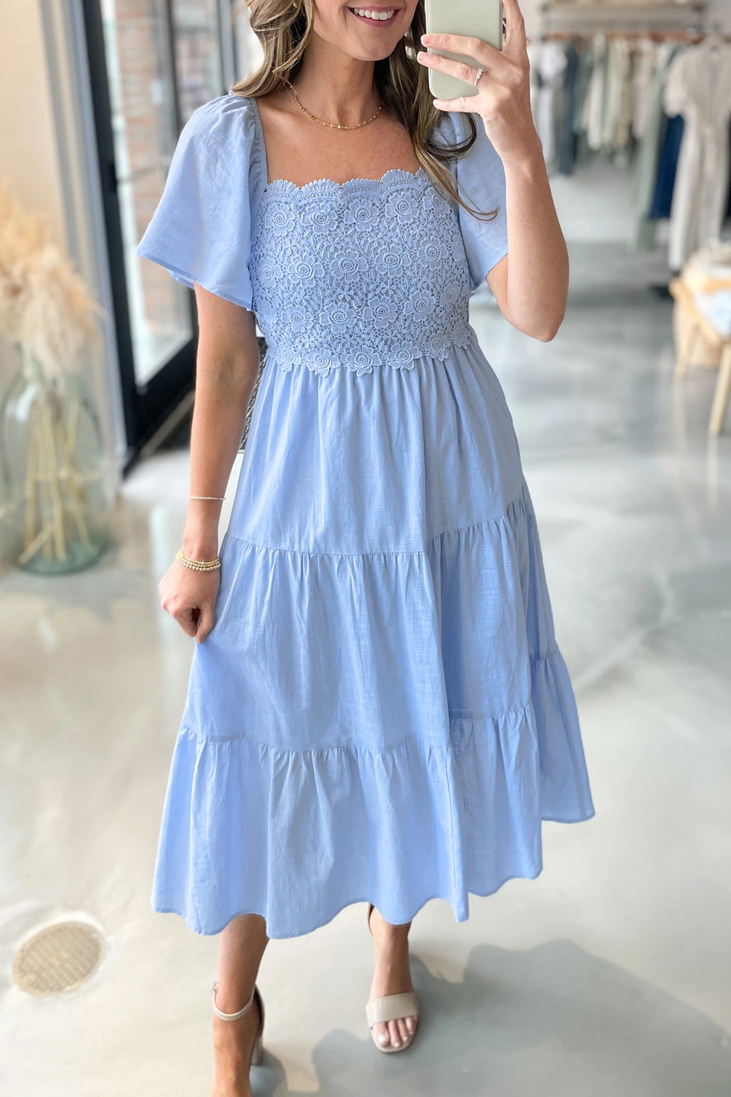 Beau Blue Flowy Tiered Midi Dress