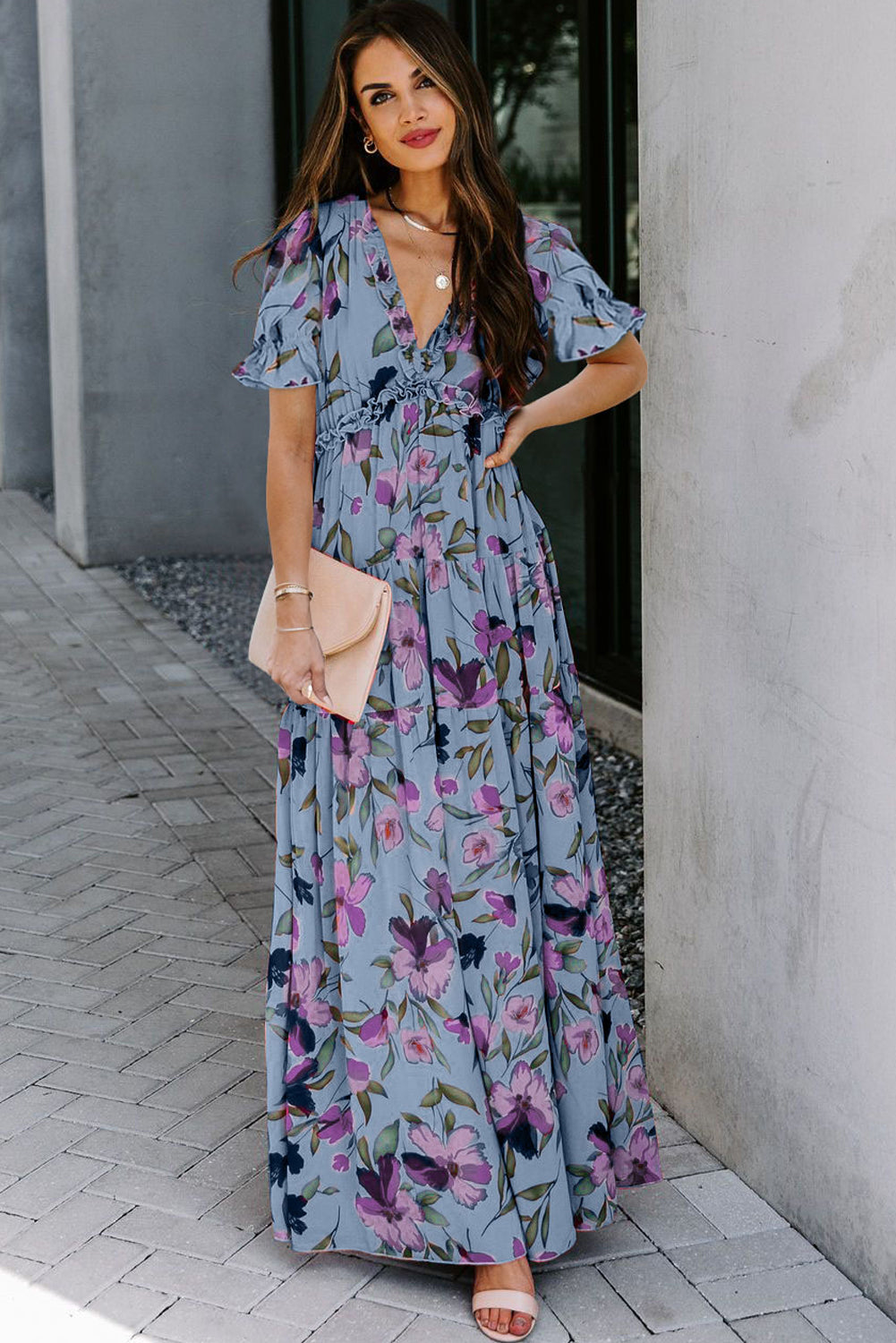 Fiery Floral Frilled Maxi Dress