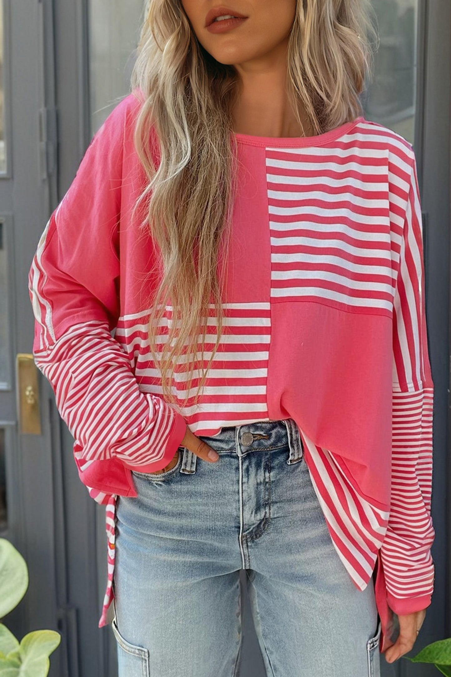 Pink Color Block Long Sleeve Top