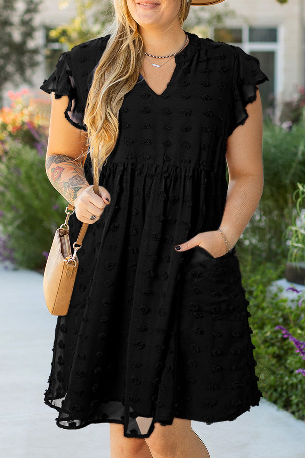 Black Dot Plus Size Ruffled Dress