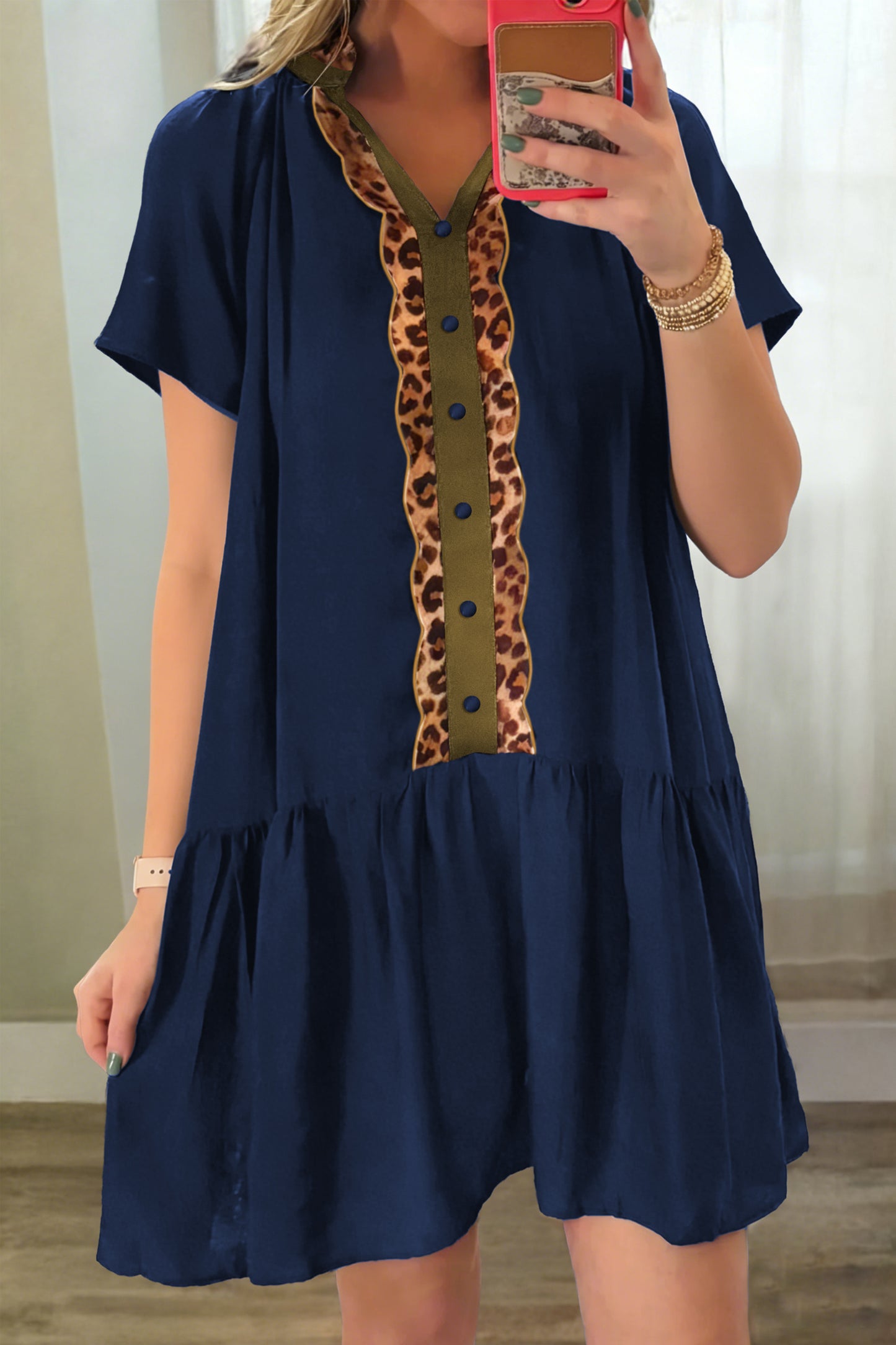 Navy and Leopard Short Sleeve Tunic Dress