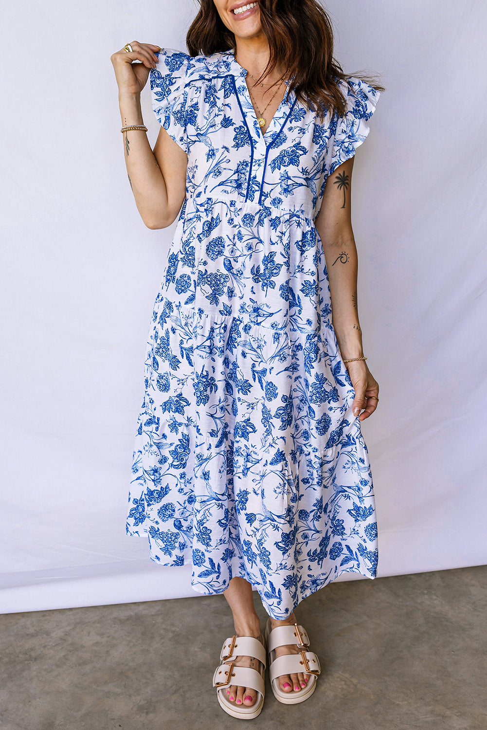 Blue Floral Midi Dress