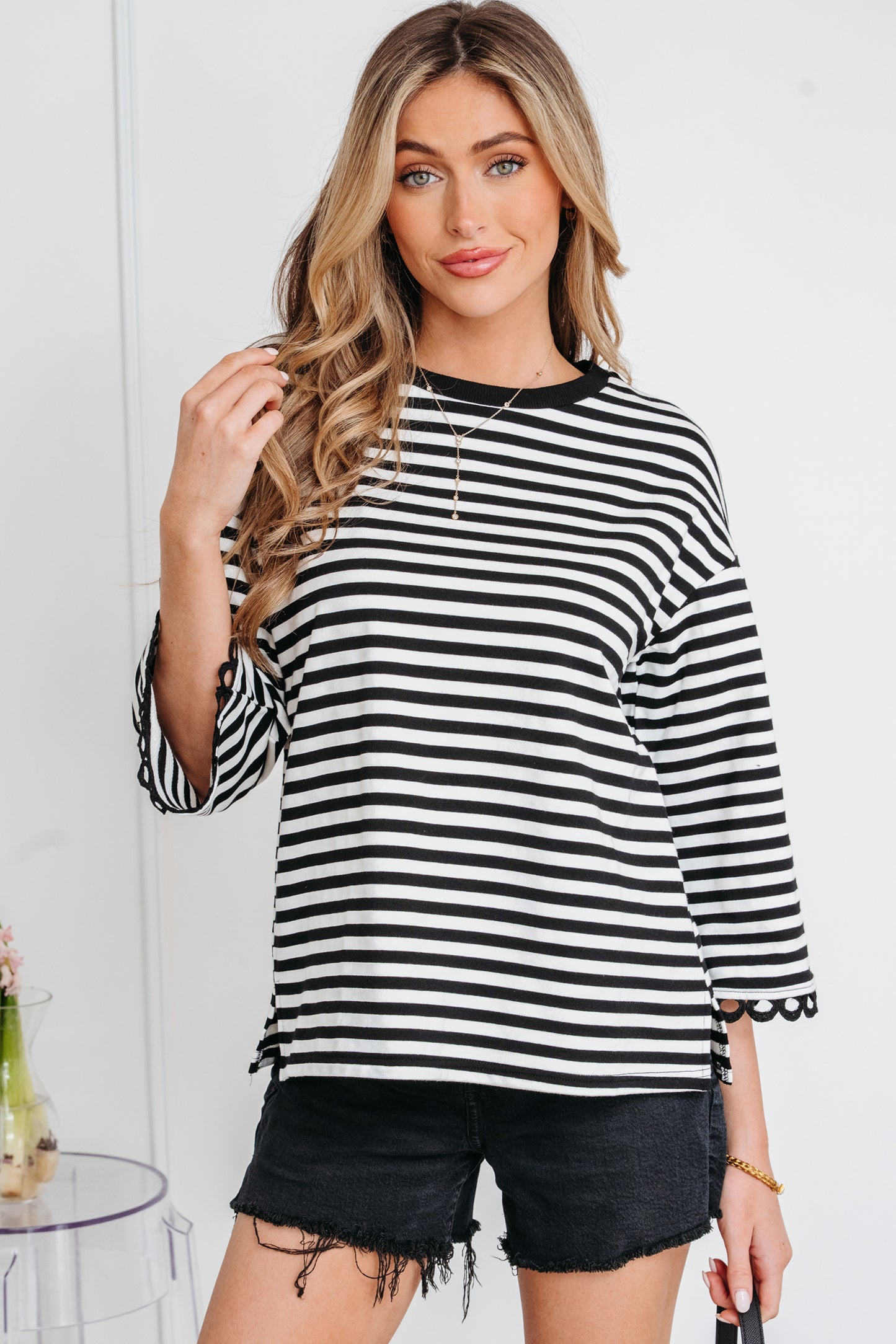 Black Striped Lace Trim Top