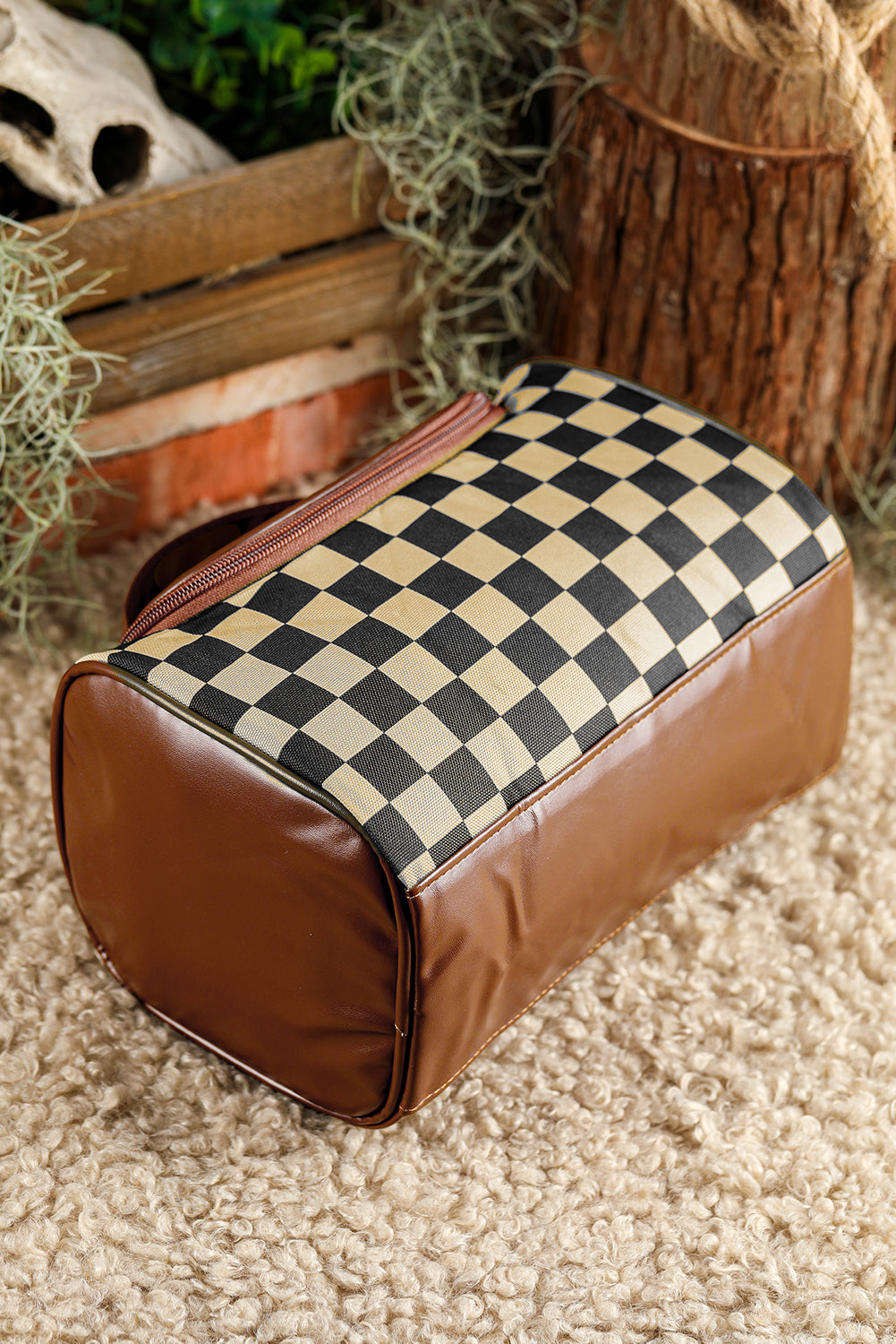 Checkered PU Leather Makeup Bag