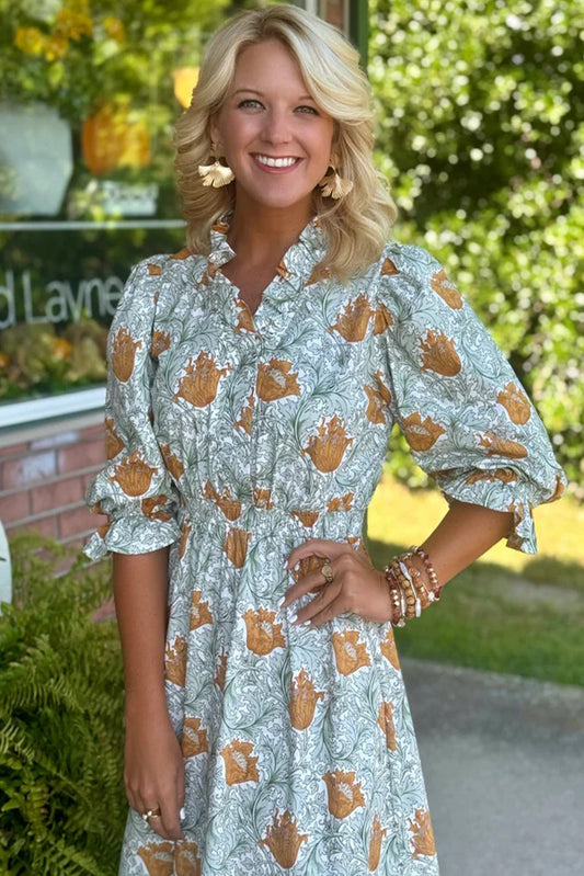 Floral Print Frilled Neck Dress