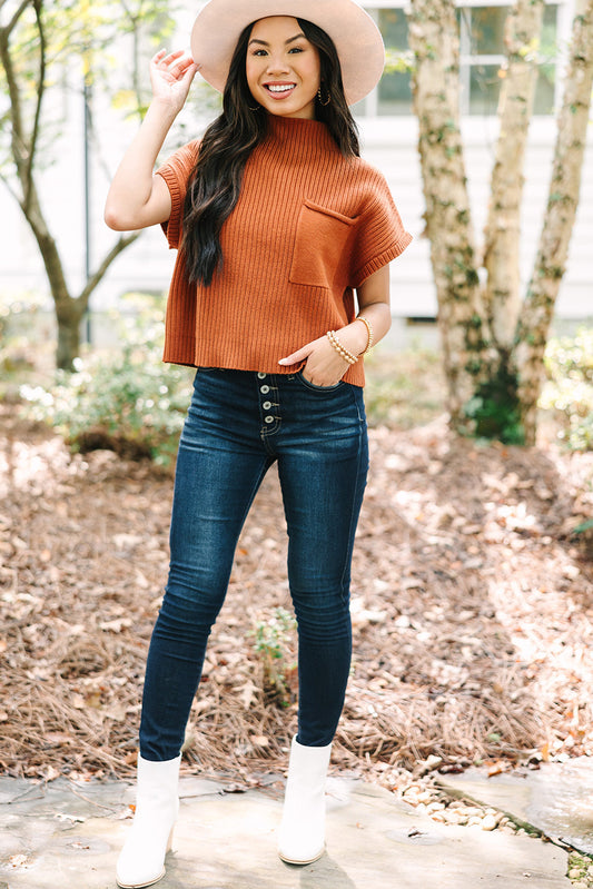 Patch Pocket Ribbed Knit Sweater in Autumn Flame