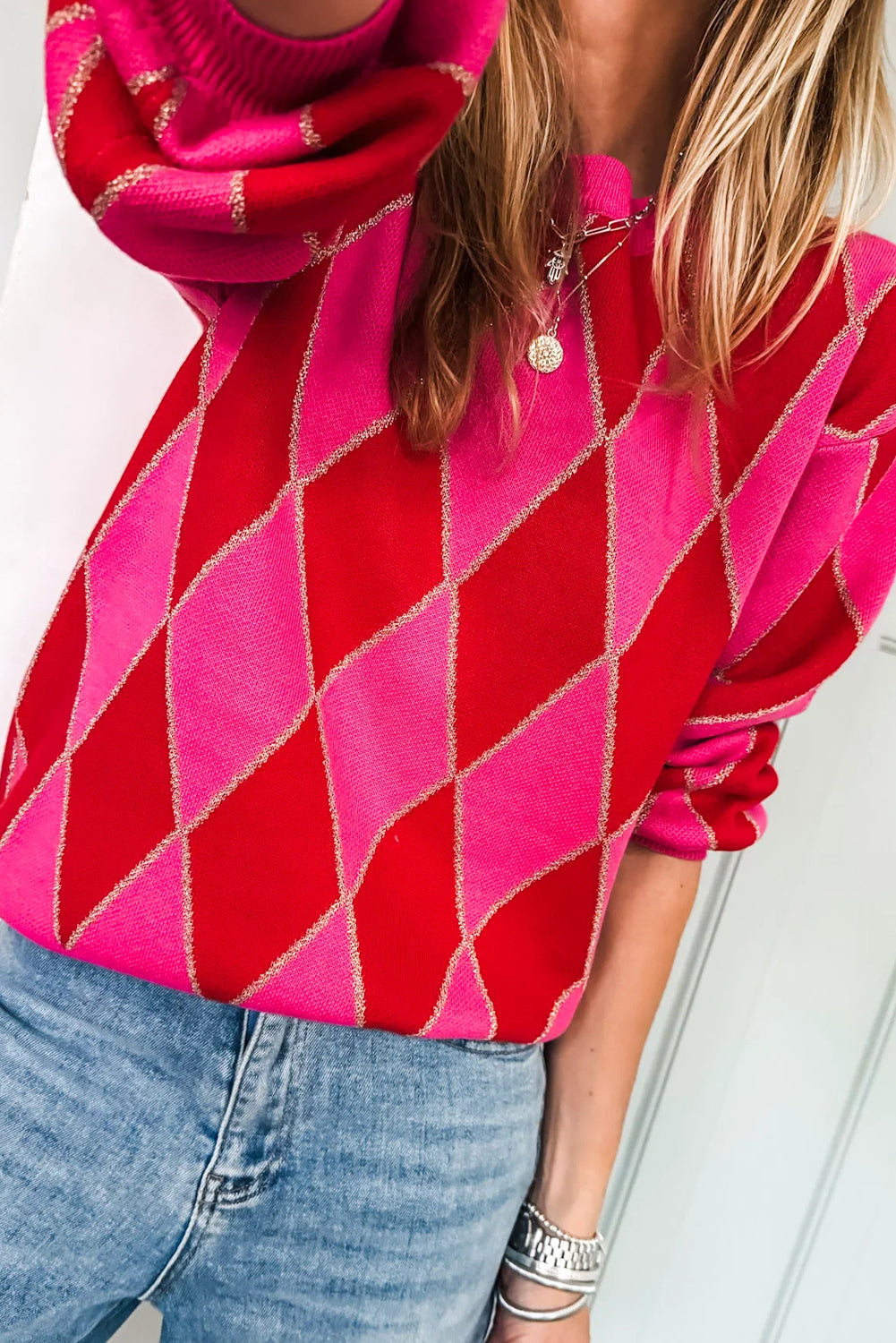 Rose Red Glitter Rhombus Sweater