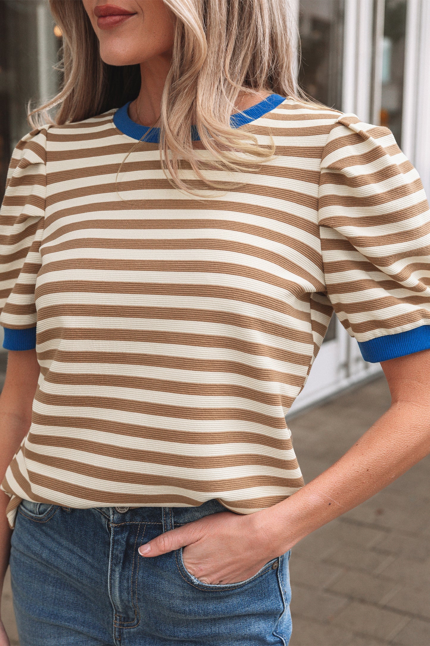 Striped Puff Sleeve Round Neck Tee