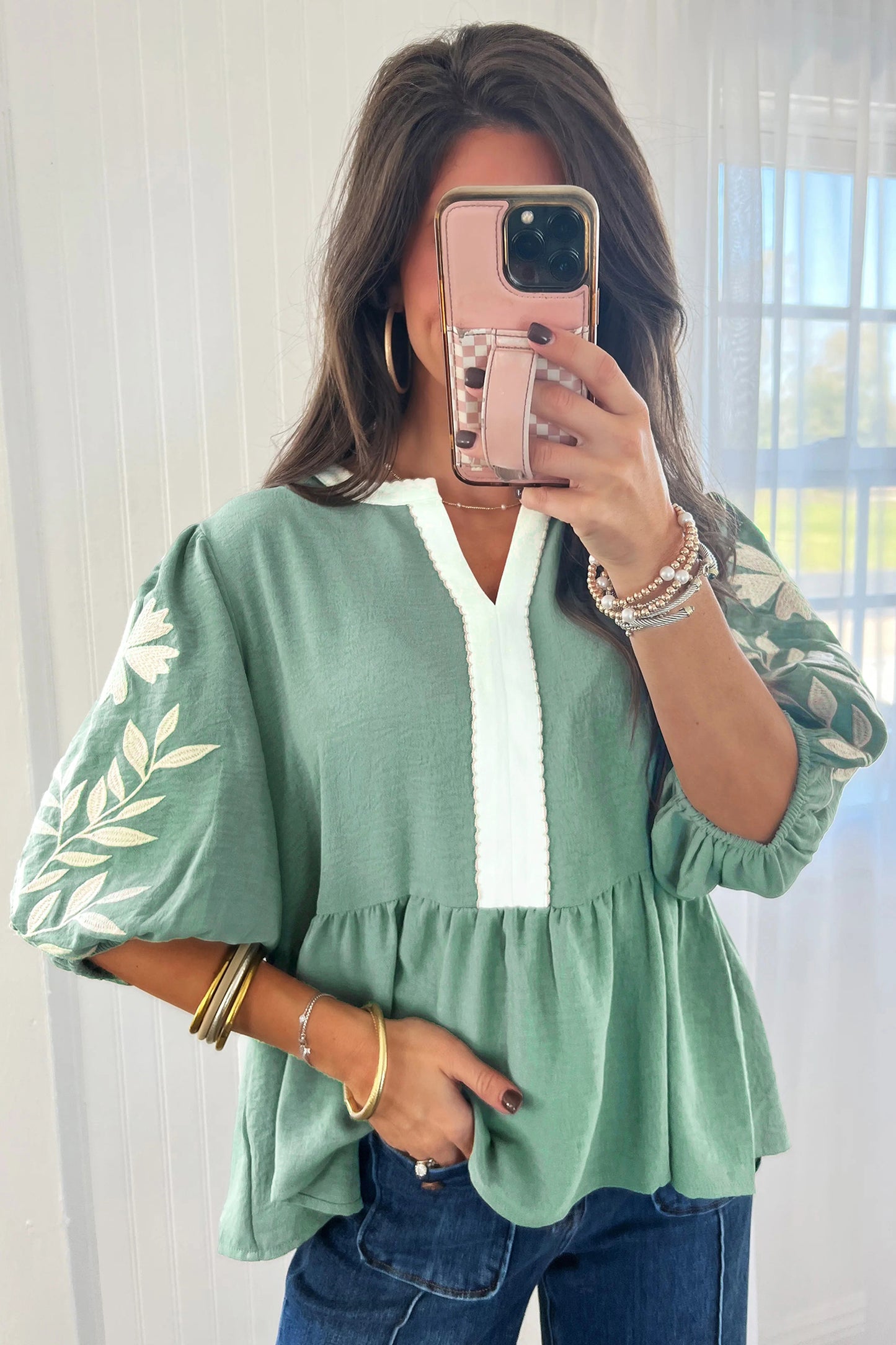 Embroidered Puff Sleeve Babydoll Blouse