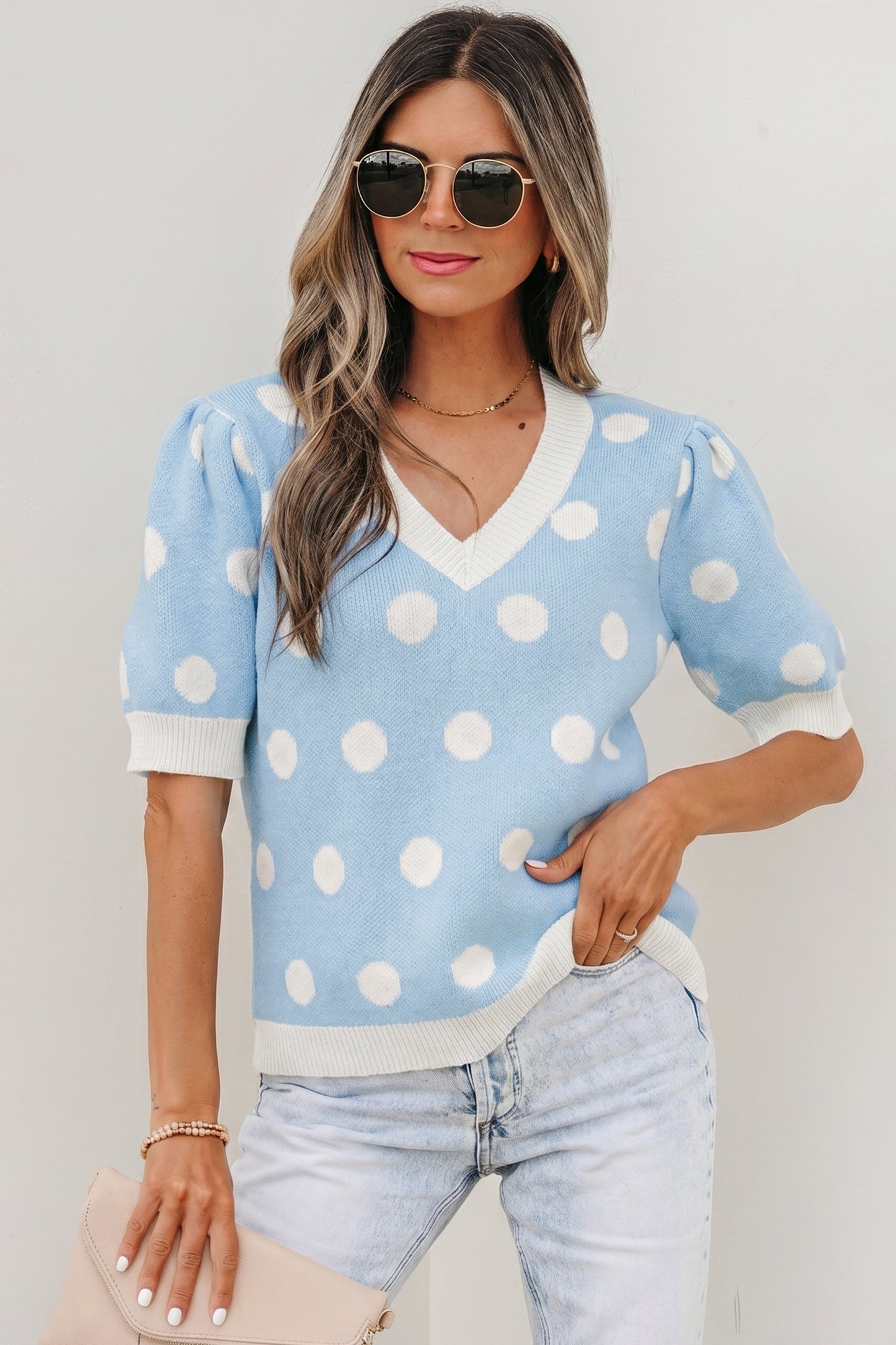 Polka Dot Puff Short Sleeve Sweater