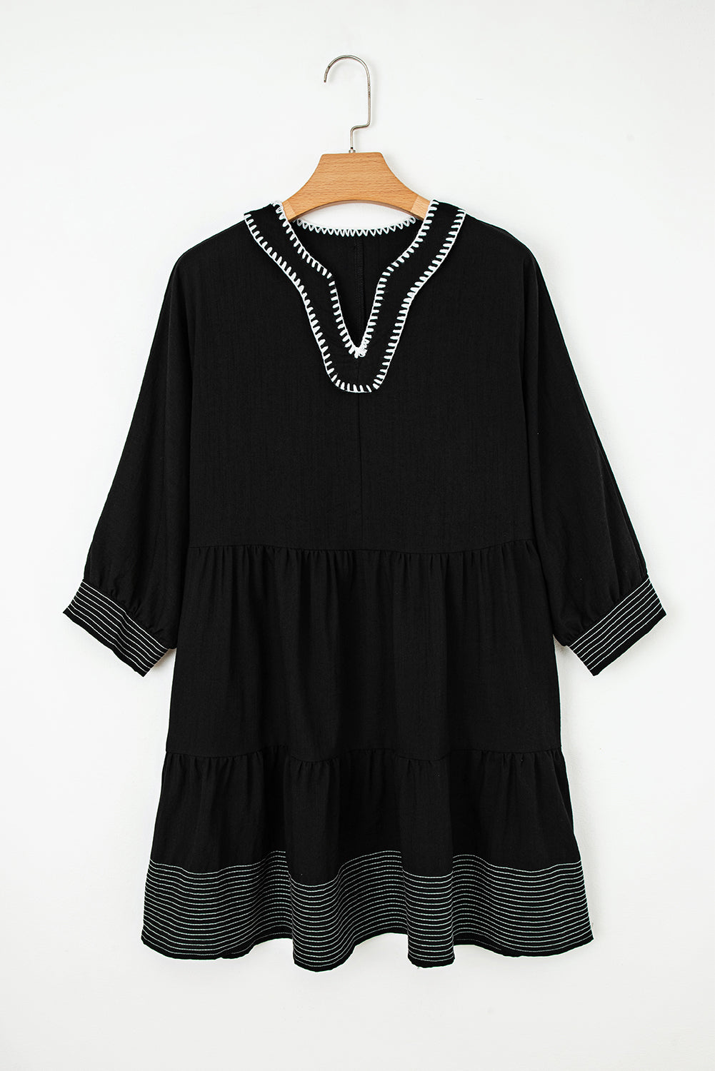 Black Contrast Stitched Tiered Mini Dress