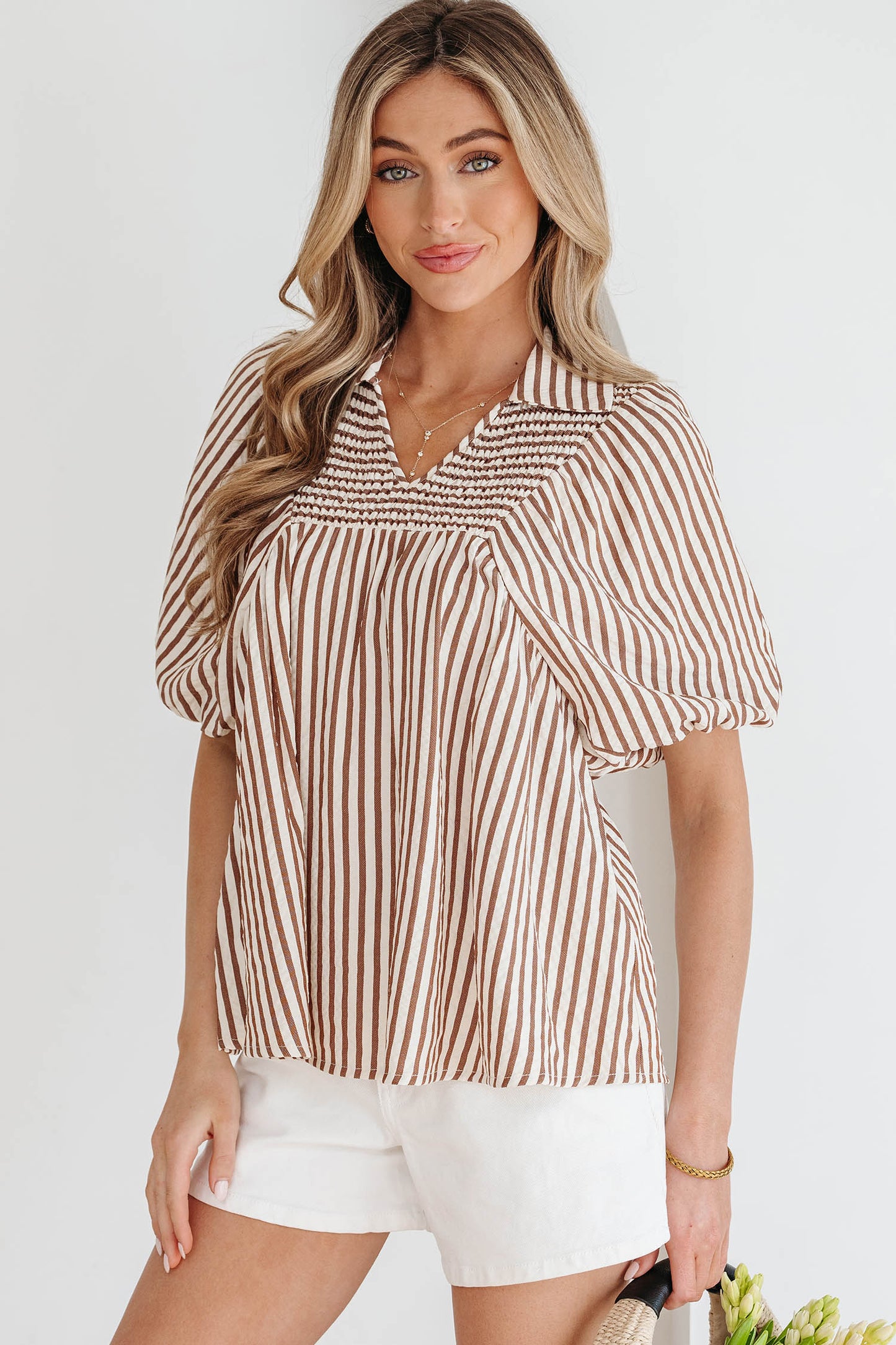 Brown Striped Shirred Blouse