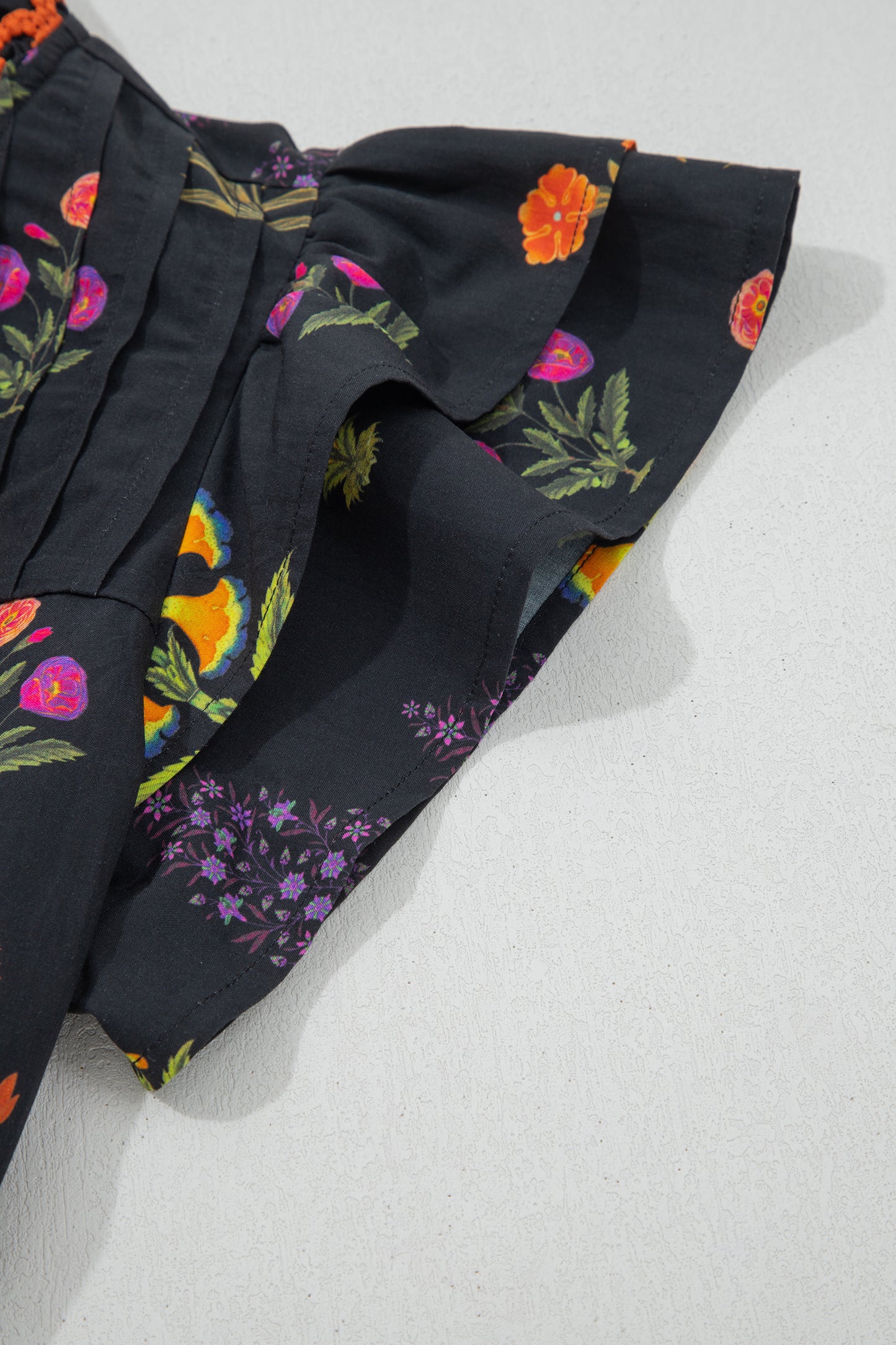 Black Floral Print V Neck Blouse