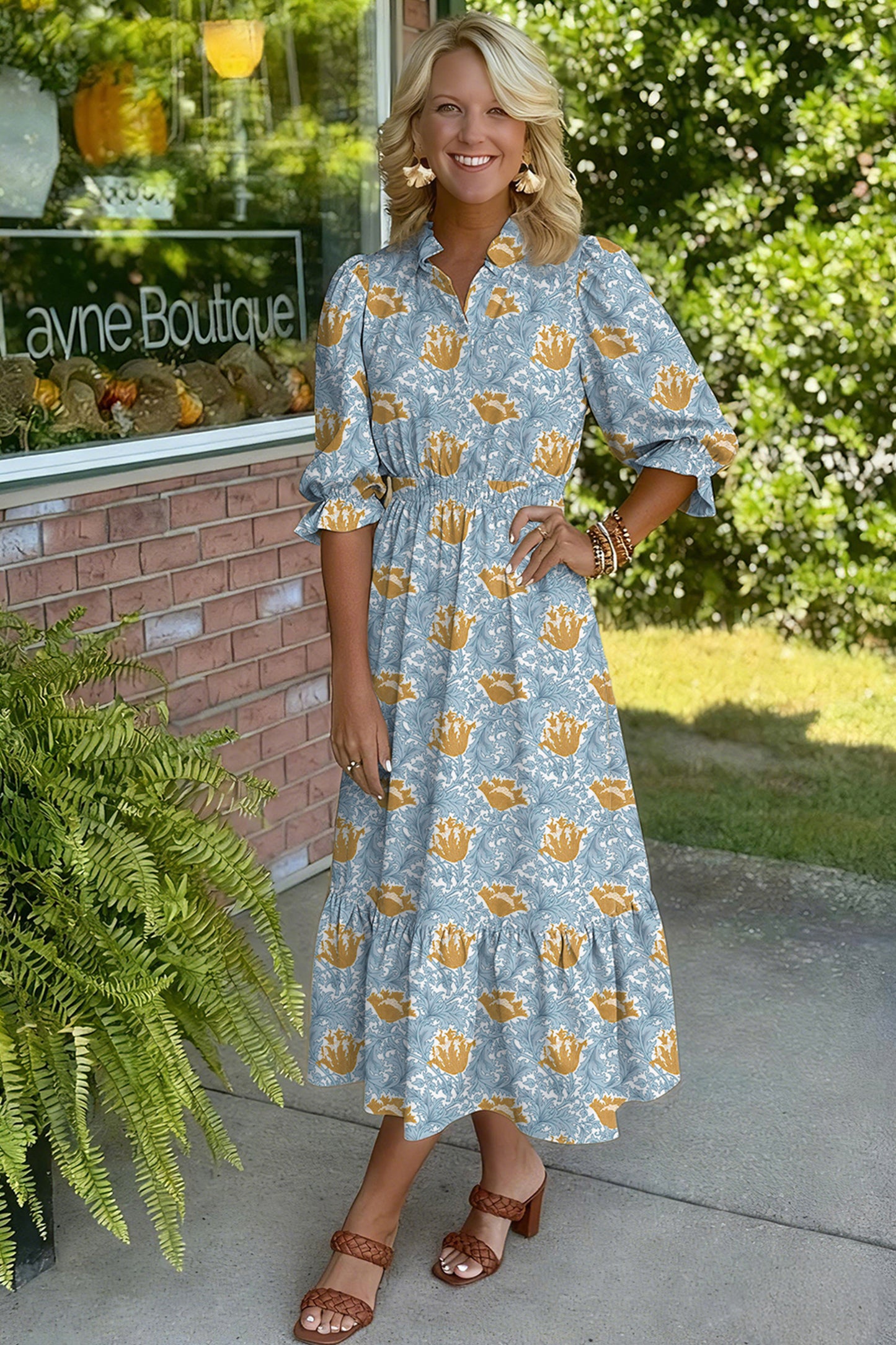 Floral Print Frilled Neck Dress