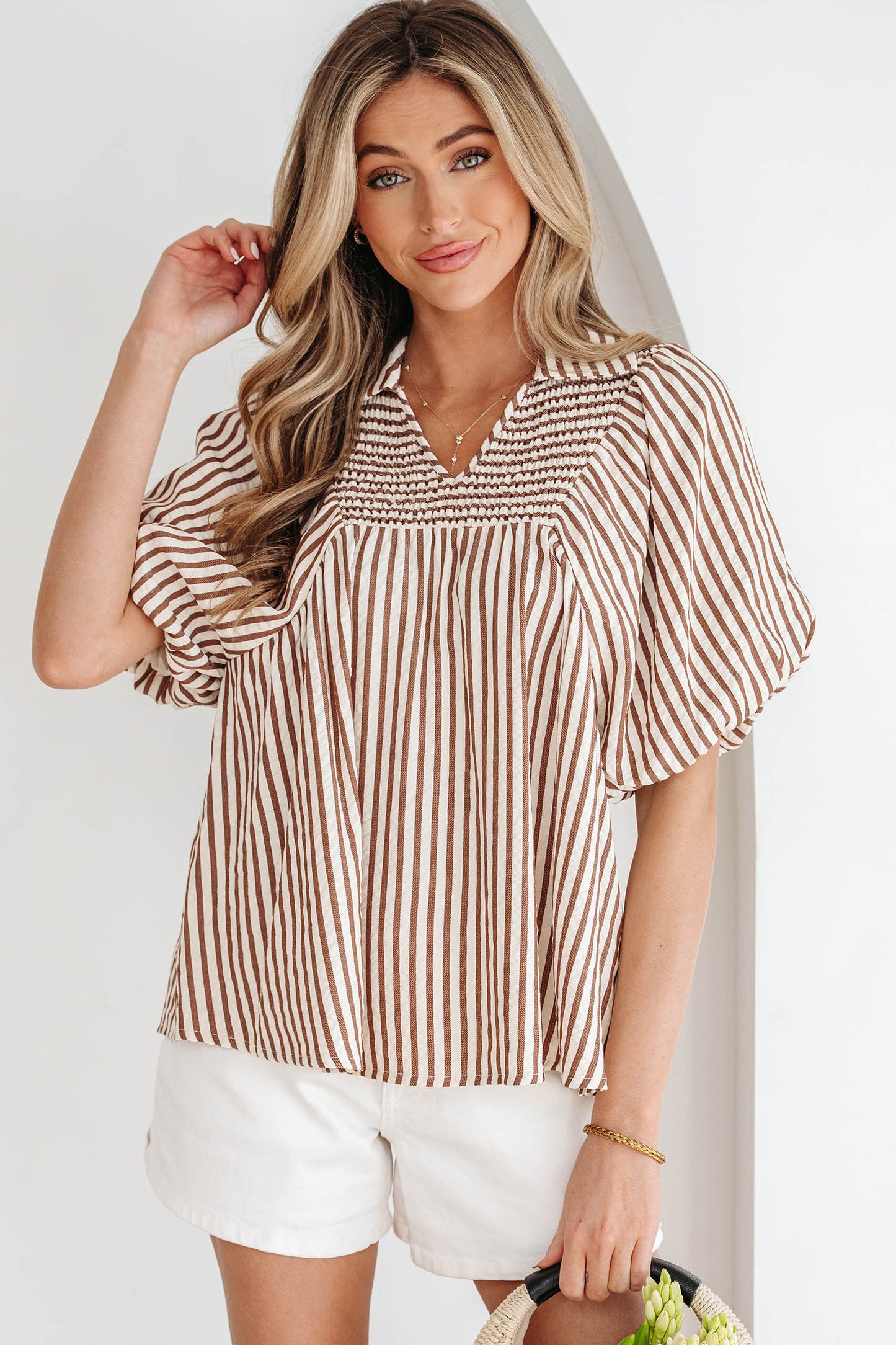 Brown Striped Shirred Blouse