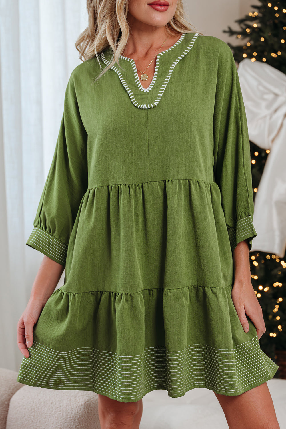 Olive Green Contrast Stitched Tiered Mini Dress