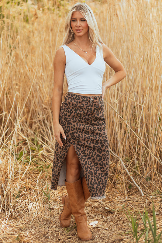 Leopard Print Frayed Denim Midi Skirt
