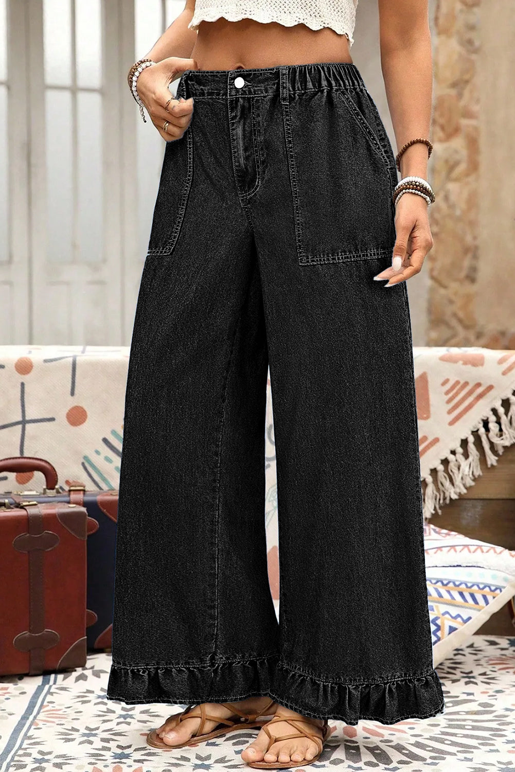 Ruffled Wide Leg Denim Pants in Plus Size