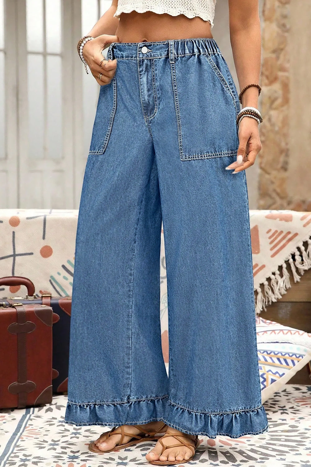 Ruffled Wide Leg Denim Pants in Plus Size