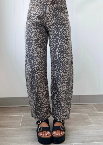Black Leopard Print High Waist Barrel Jeans