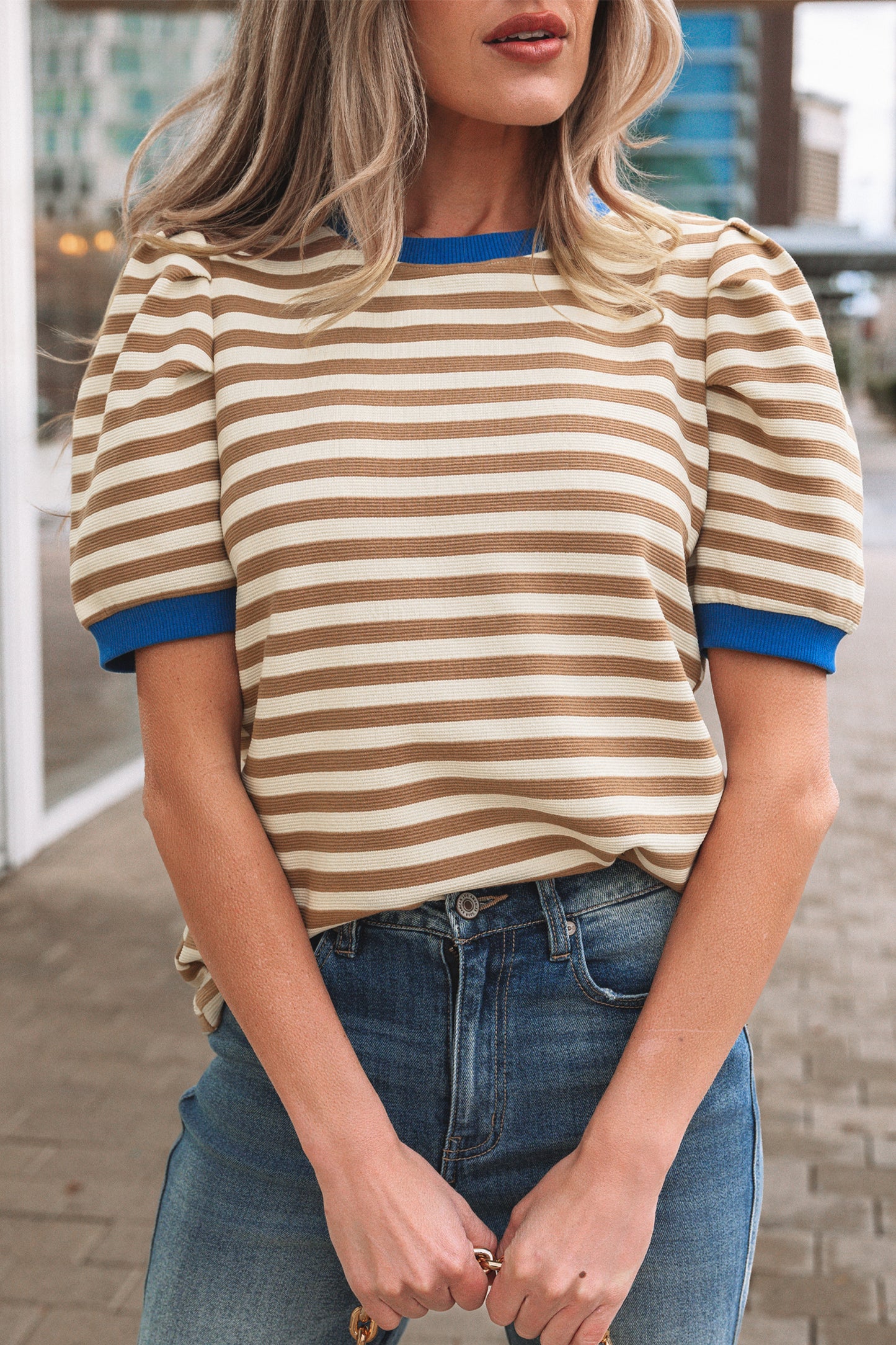 Striped Puff Sleeve Round Neck Tee