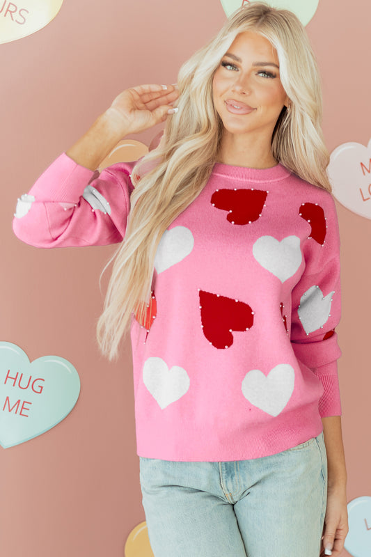 Pink Pearl Embellished Valentines Sweater