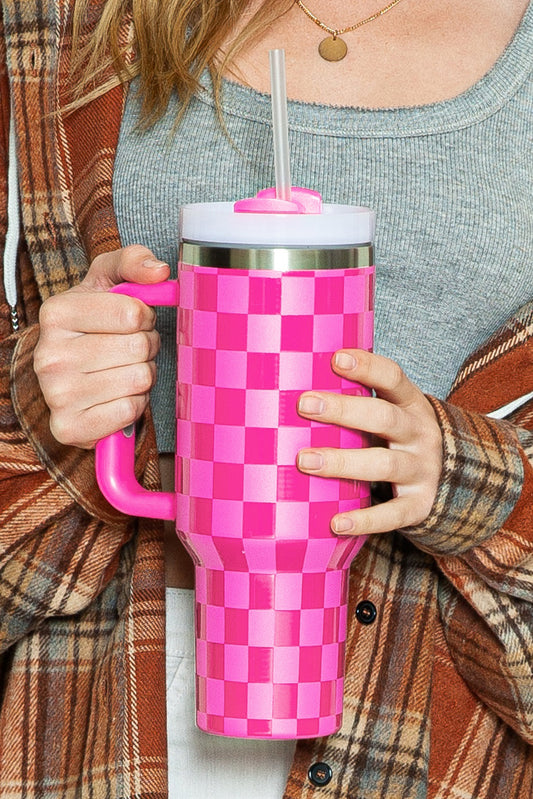 Bright Pink Checkered Stainless Steel Tumbler Cup 40oz