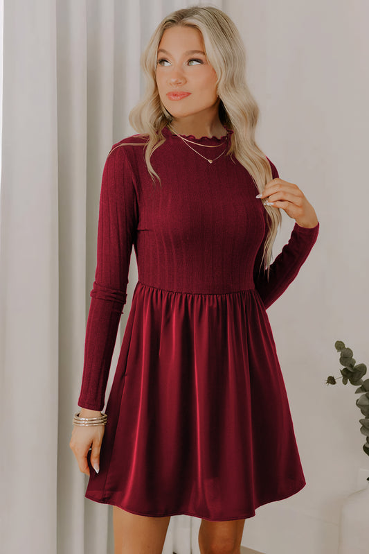 Red Dahlia Frilled Neck Ribbed Knit Mini Dress