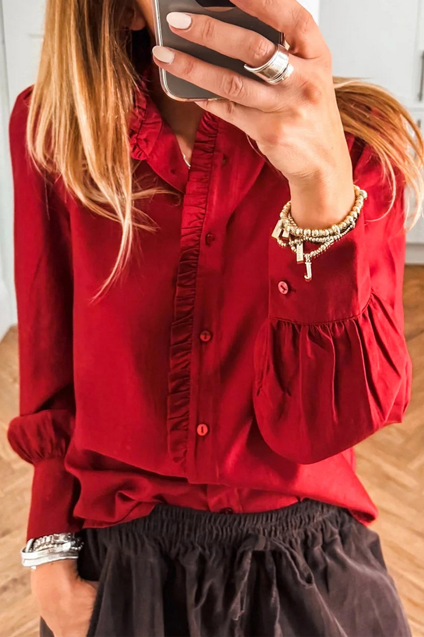 Fiery Red Frilled Trim Button Down