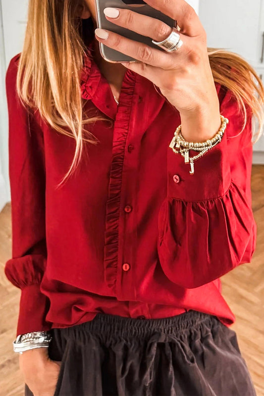 Fiery Red Frilled Trim Button Down