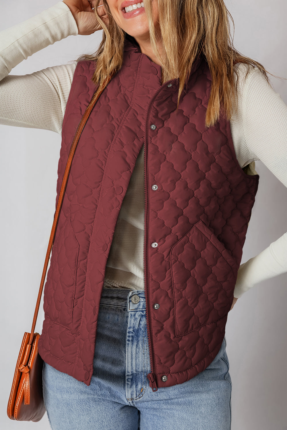 Flower Quilted Snap Button Vest in Ginger