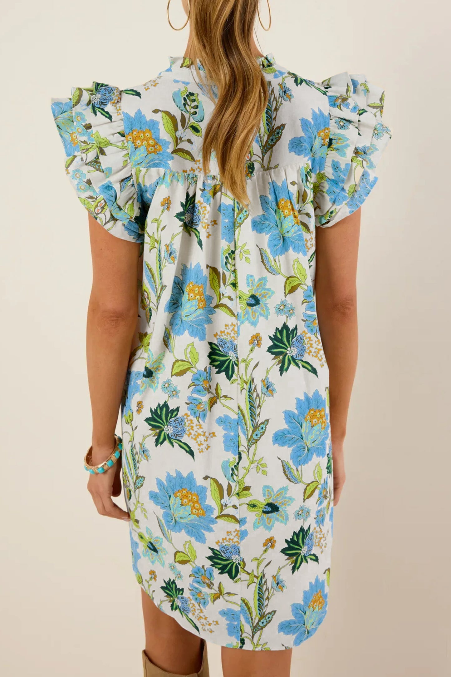 Beige Floral Ruffle Sleeve Mini Dress