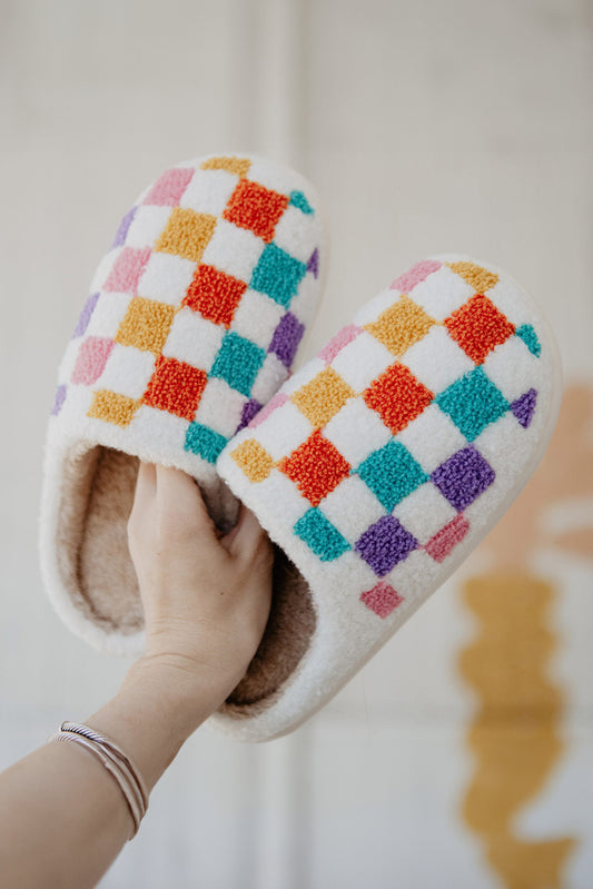 All the Vibes Plush Checkered Slippers