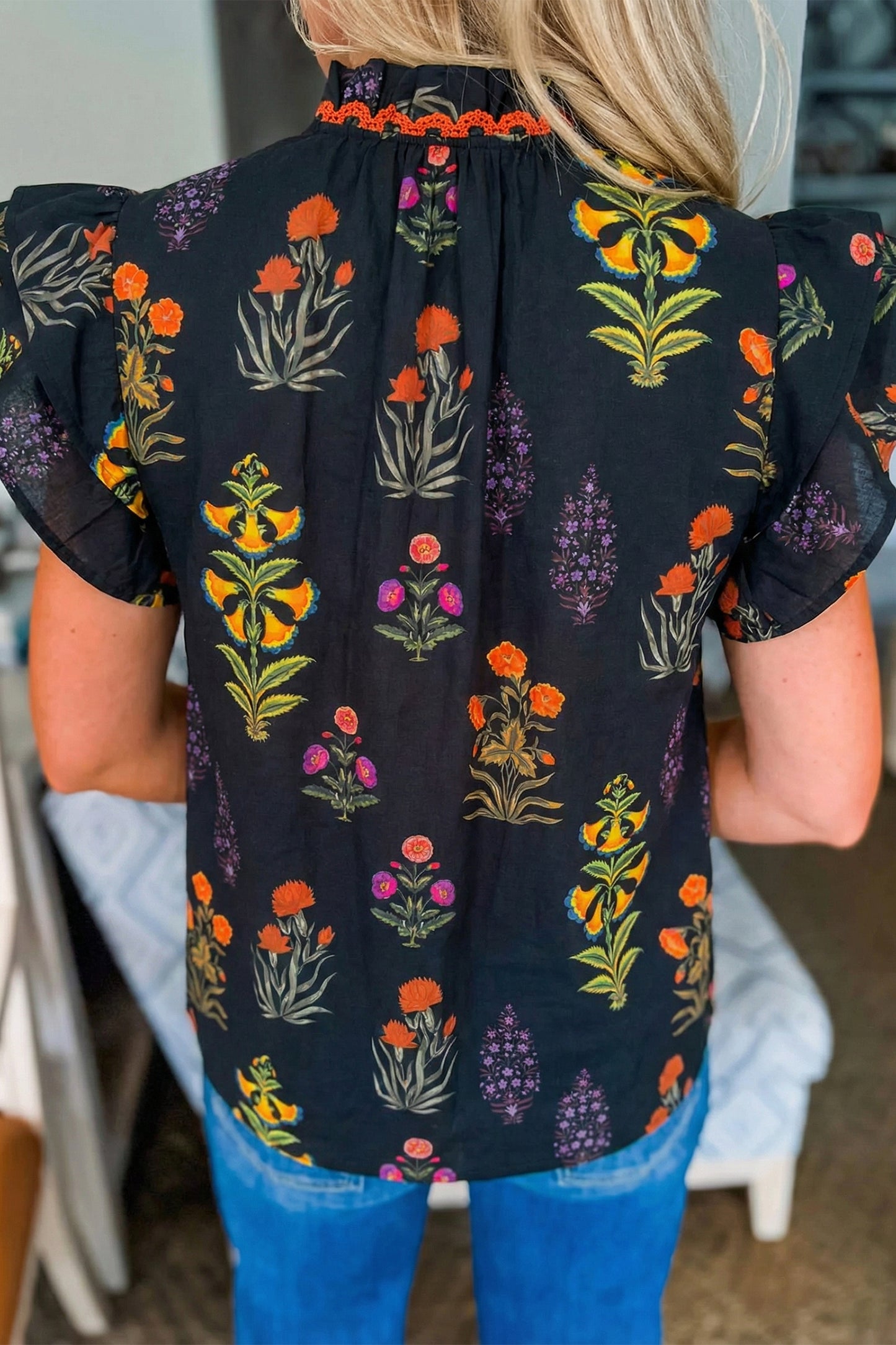 Black Floral Print V Neck Blouse
